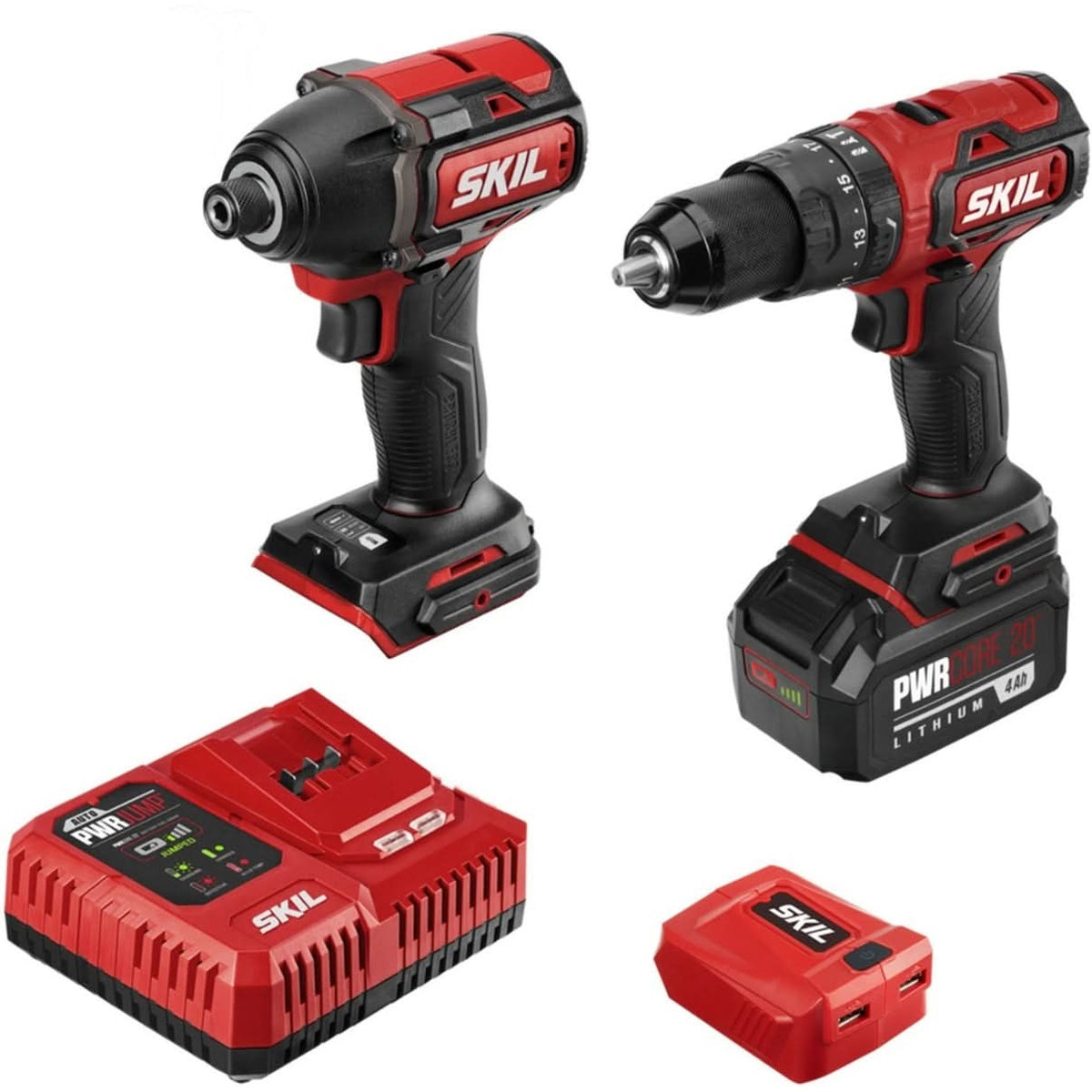 SKIL CB7487B-11 PWR CORE 20 Brushless 20V Hammer Drill and Impact Driver with 4.0Ah Battery and Auto PWR JUMP Charger