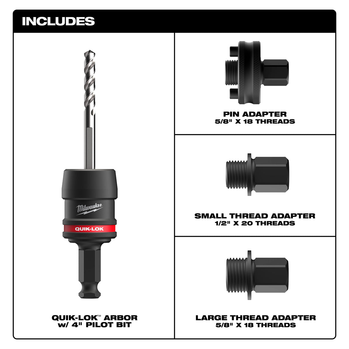Milwaukee 49-56-7555 QUIK-LOK Arbor Set contents and adapter thread sizes
