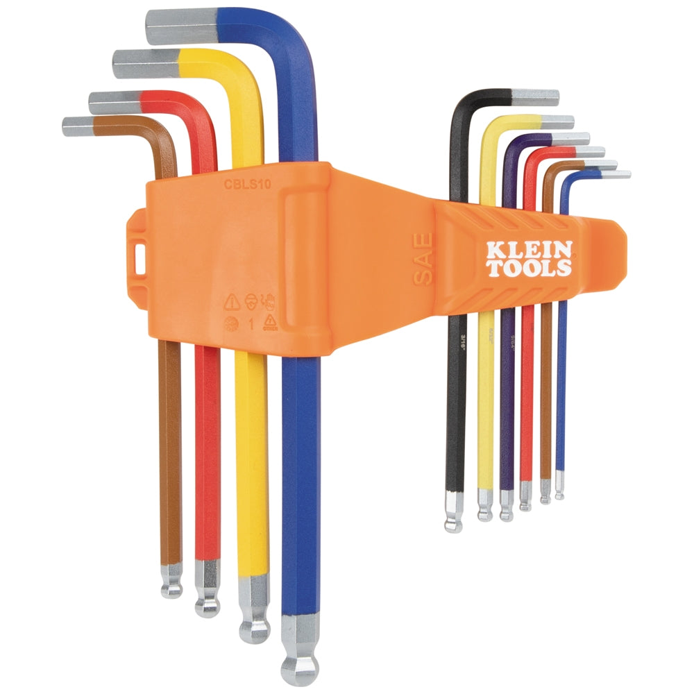 Klein Tools CBLS10 10-Piece Powder Coated Long Ball-End Hex Key Set, SAE