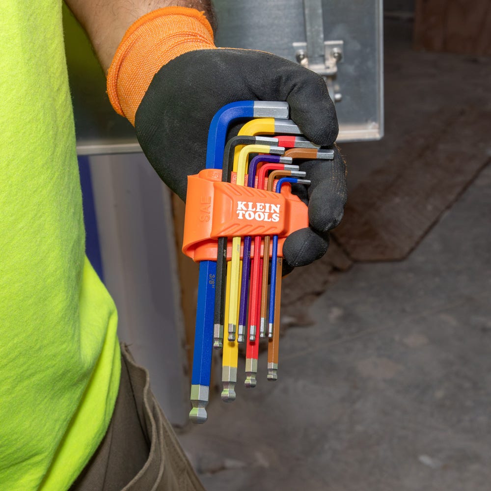 Klein Tools CBLS10 10-Piece Powder Coated Long Ball-End Hex Key Set, SAE