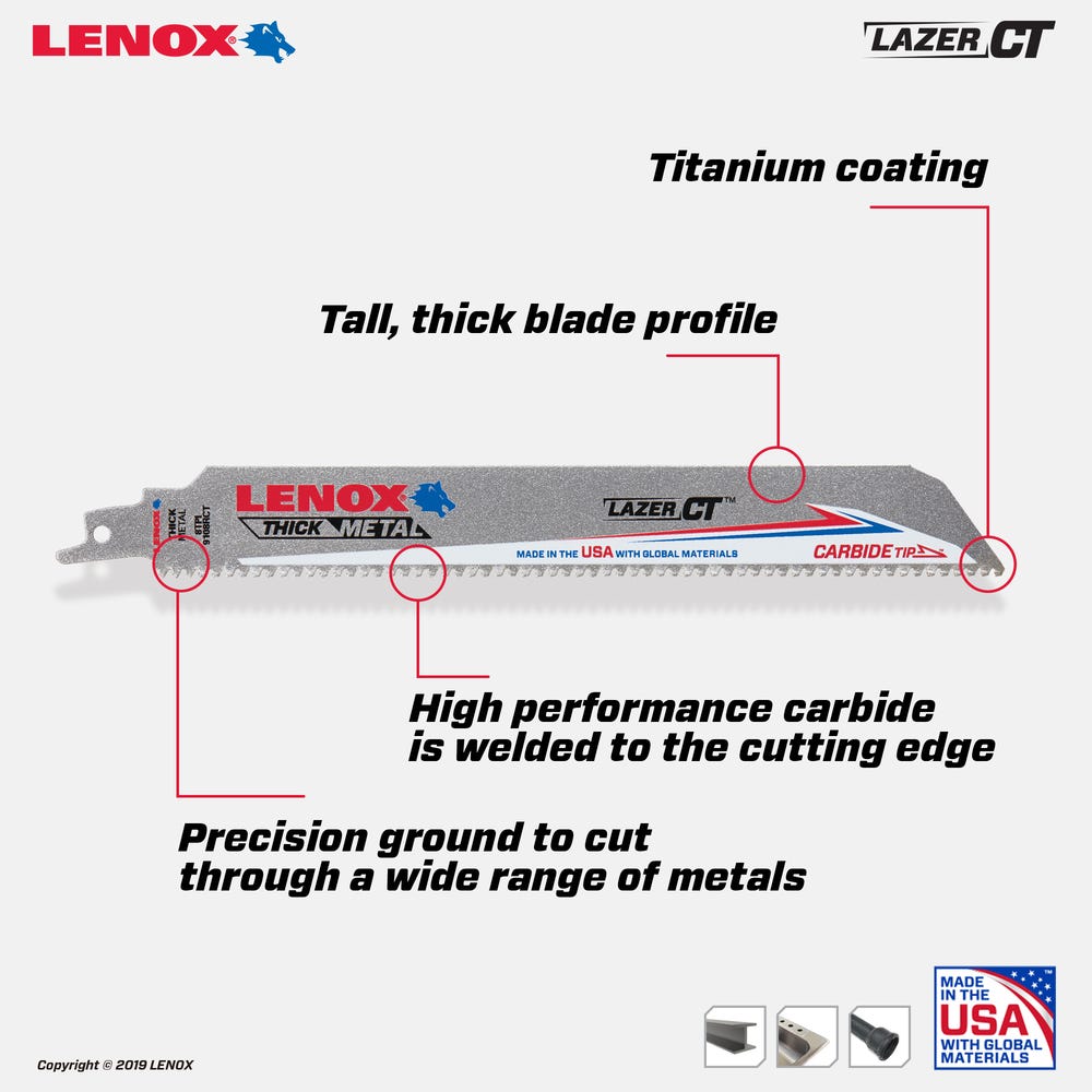 Lenox 2014225 Lazer CT 9" x 1" x .052" Carbide Tipped Recip Saw Blade, 5-Pack