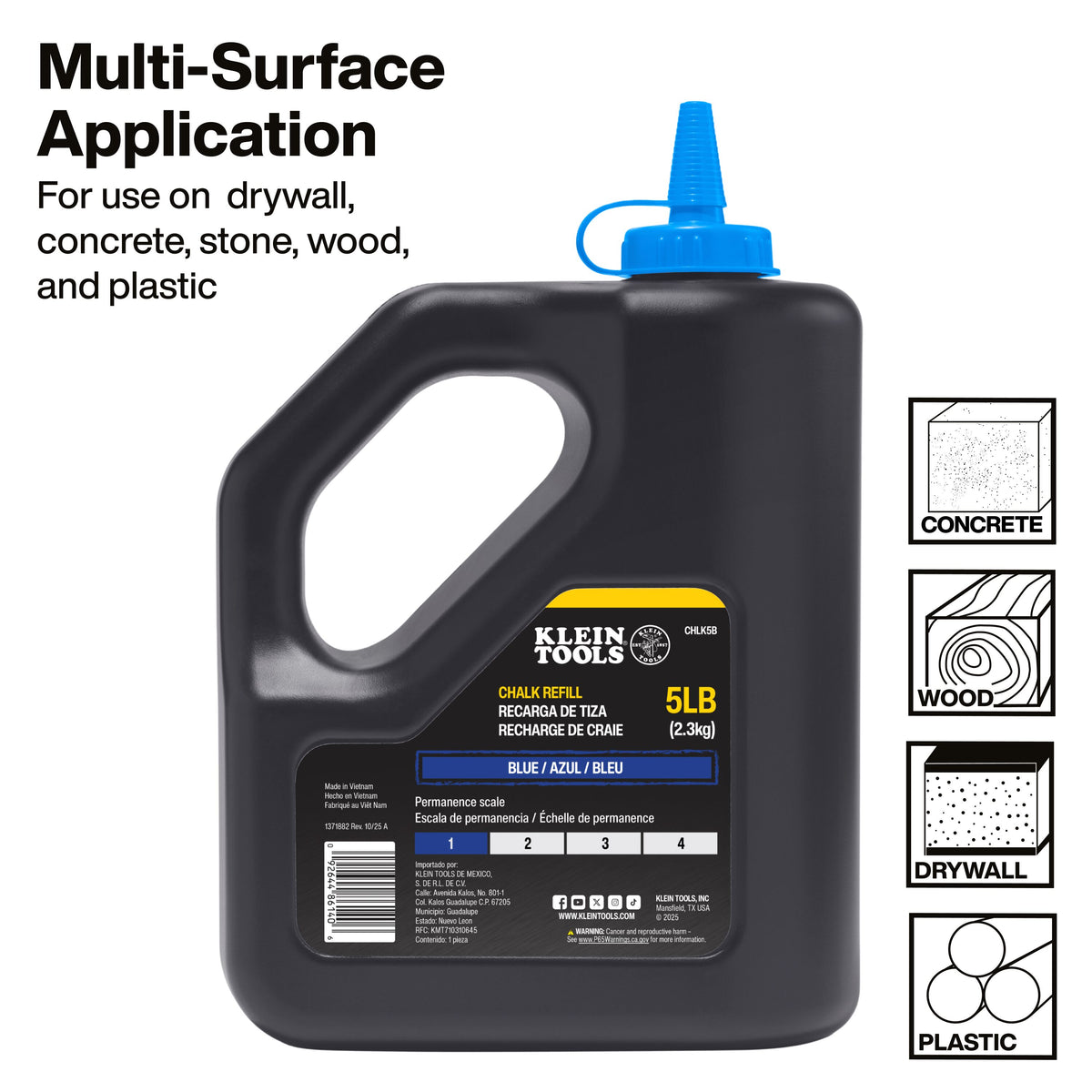 Klein Tools CHLK5B ultra-fine blue chalk for even, consistent chalk lines