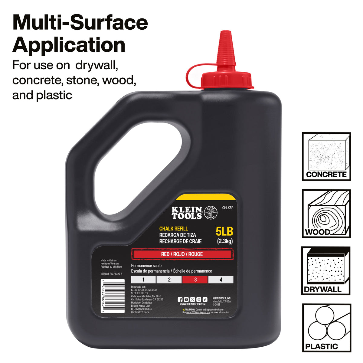 Klein Tools CHLK5R ultra-fine red chalk for even, consistent chalk lines