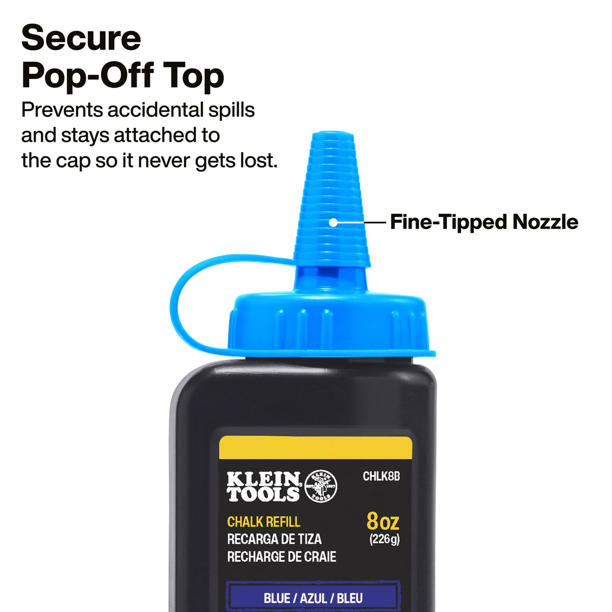 Klein Tools CHLK8B fine-tipped nozzle refilling a chalk reel without mess