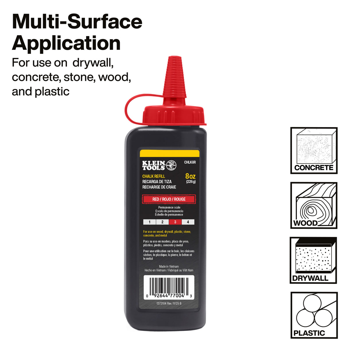 Klein Tools CHLK8R ultra-fine red chalk for even, consistent chalk lines