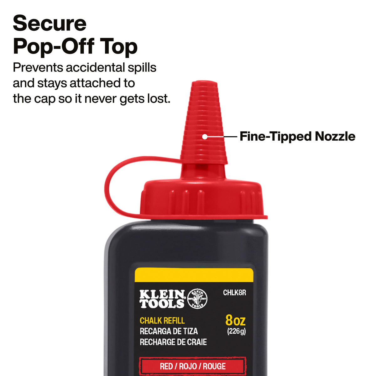 Klein Tools CHLK8R fine-tipped nozzle refilling a chalk reel without mess