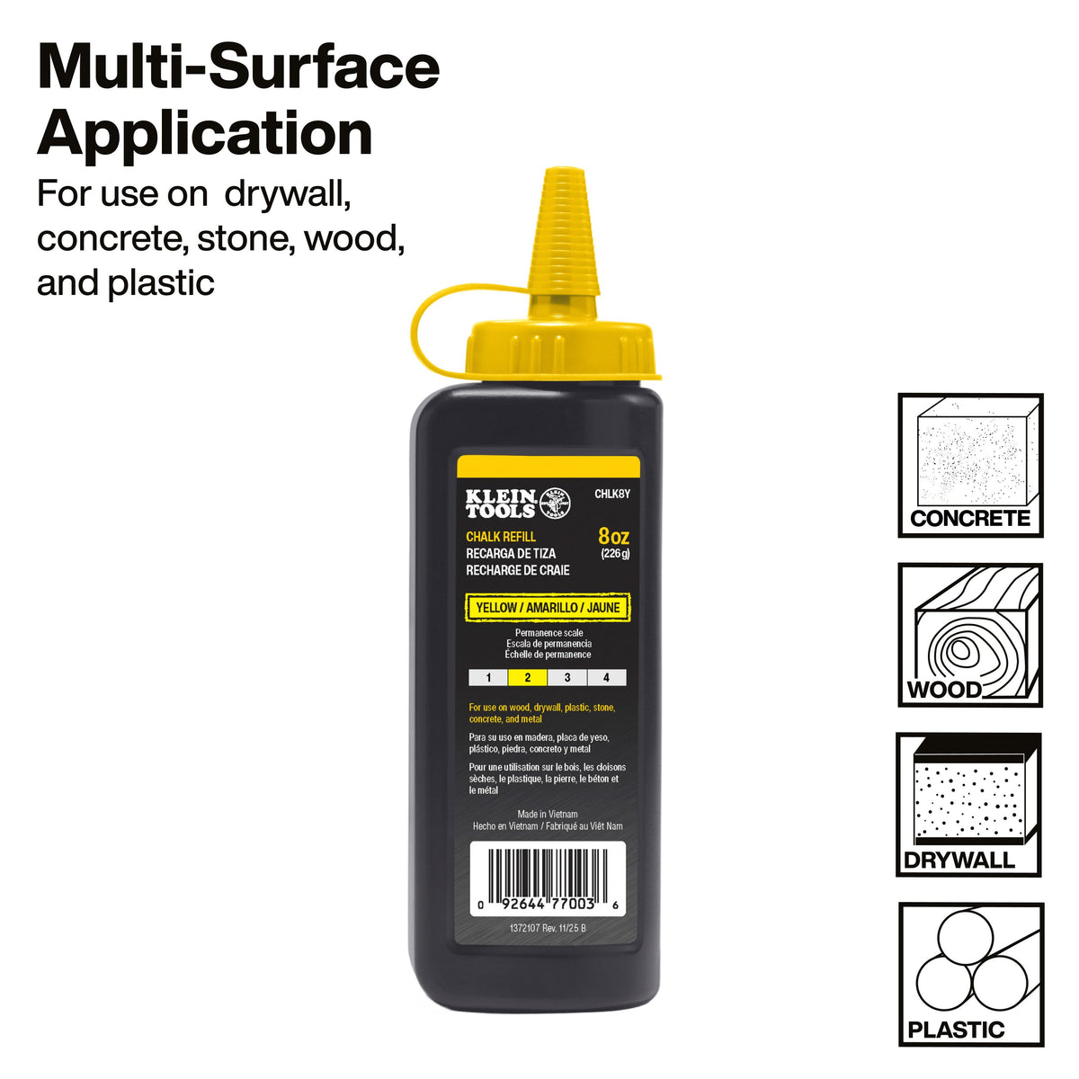 Klein Tools CHLK8Y ultra-fine yellow chalk for even, consistent chalk lines
