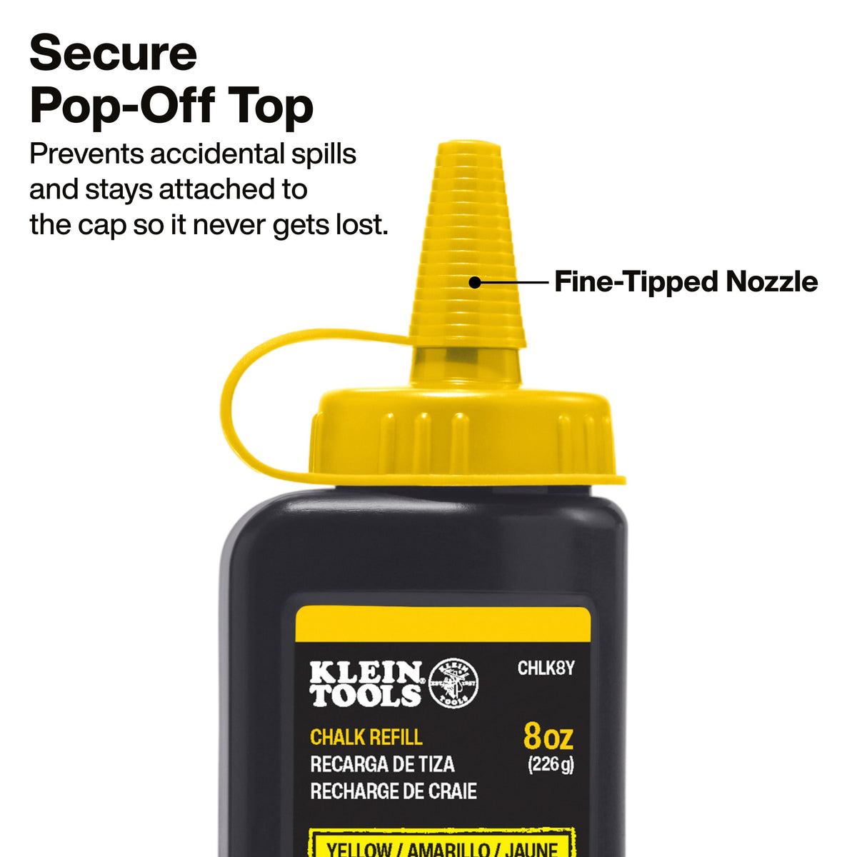 Klein Tools CHLK8Y fine-tipped nozzle refilling a chalk reel without mess
