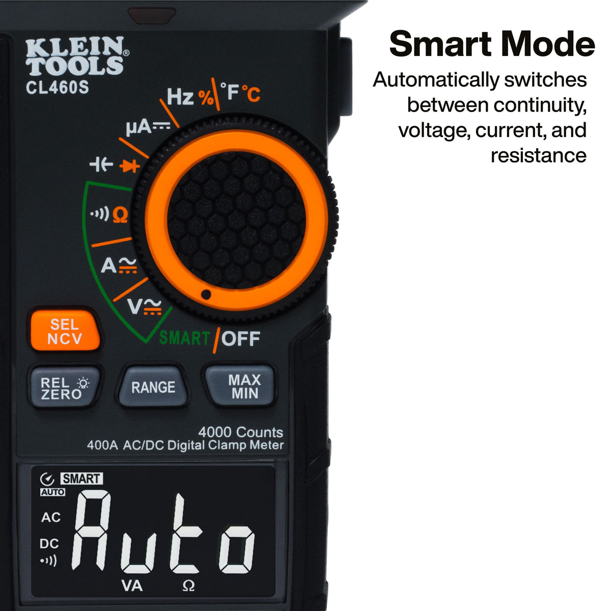 Klein Tools CL460S clamp meter measuring 400A AC/DC current on an electrical conductor
