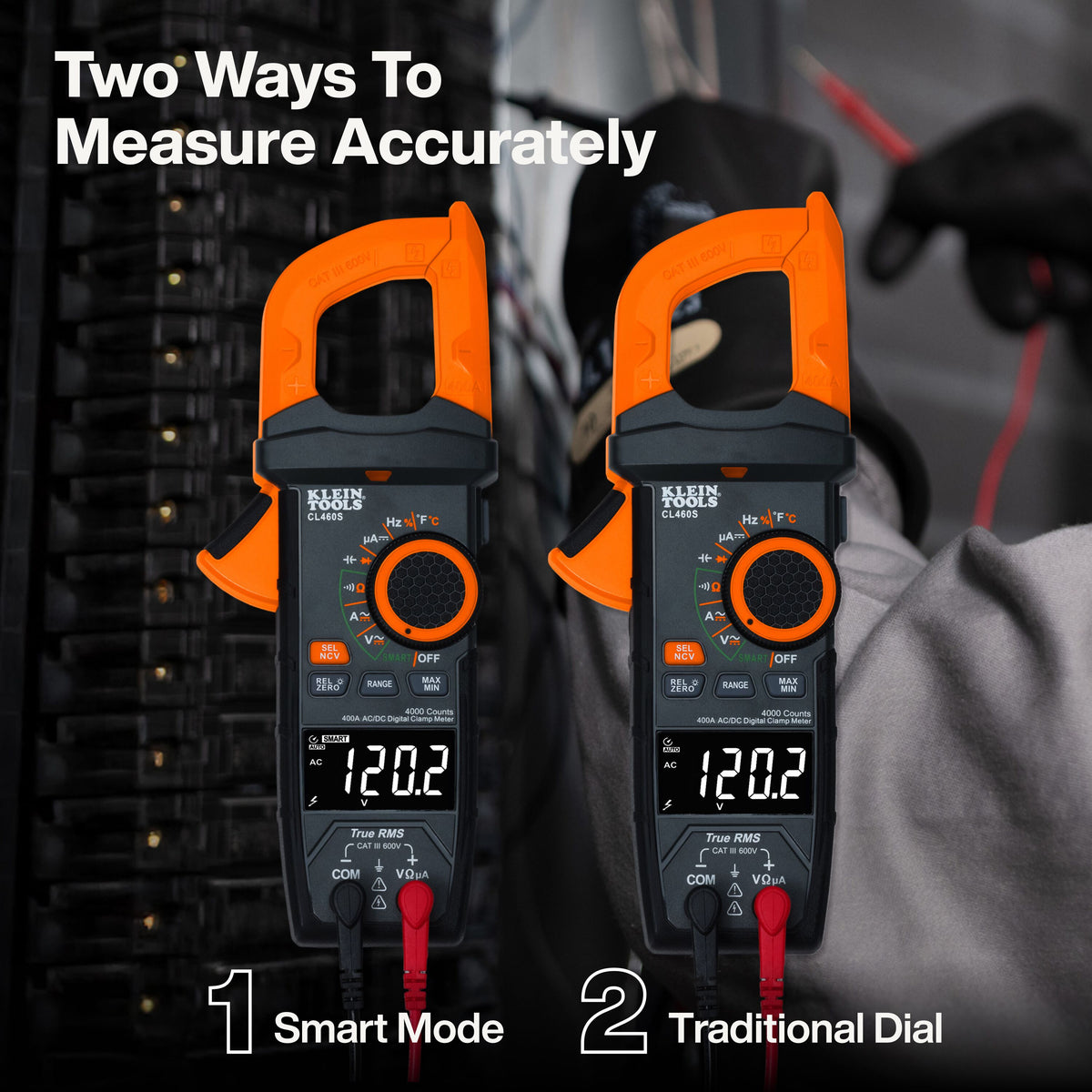 Klein Tools CL460S backlit reverse-contrast display readable in dark and bright conditions