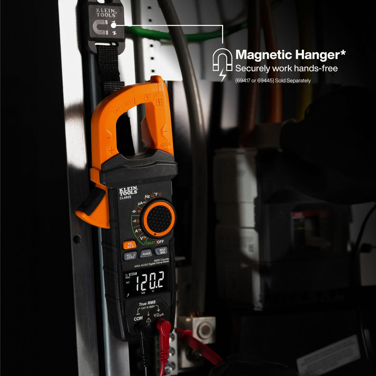 Klein Tools CL460S clamp meter test lead holder on the back for hands-free testing