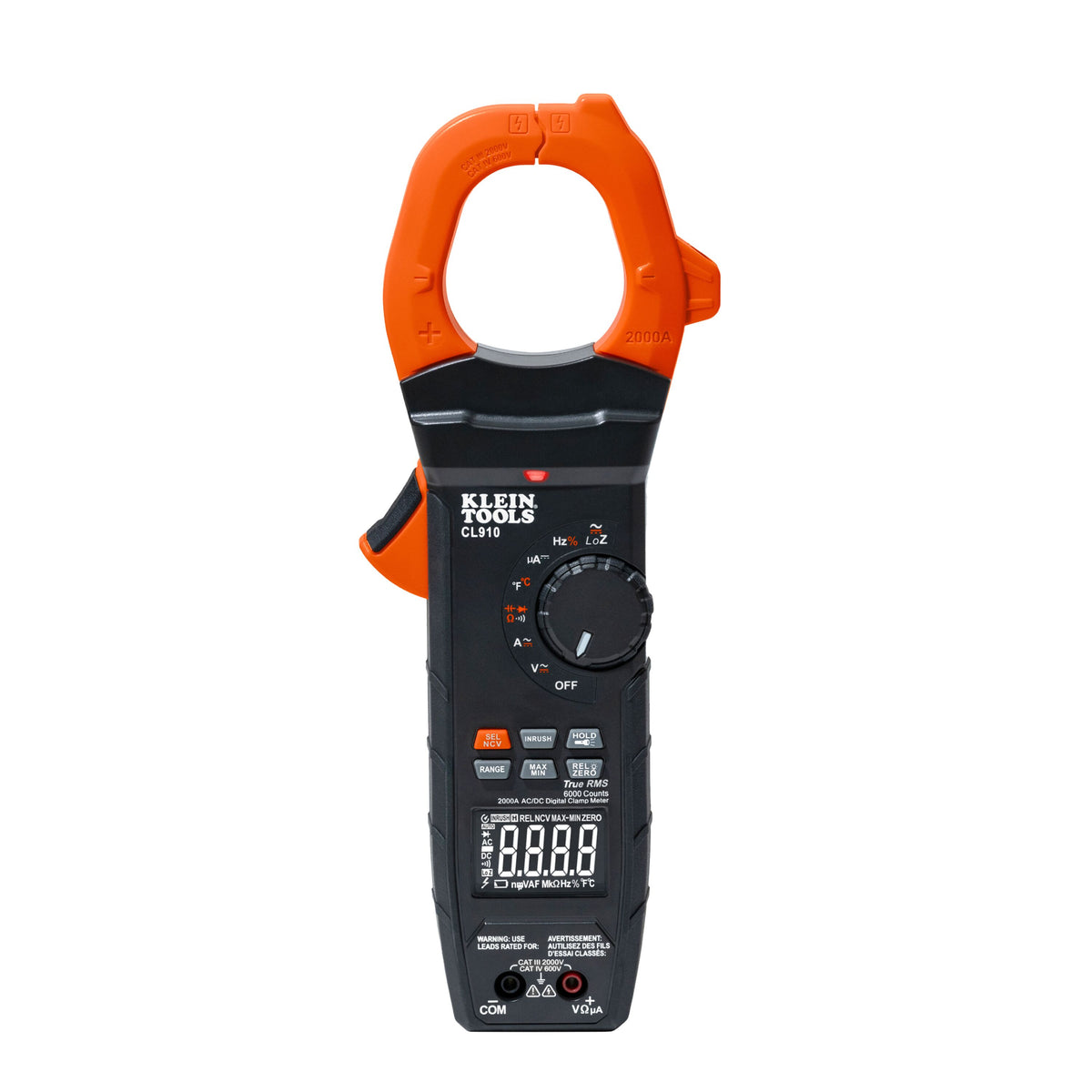 Klein Tools CL910 2000A AC/DC auto-ranging TRMS clamp meter with worklight, front view