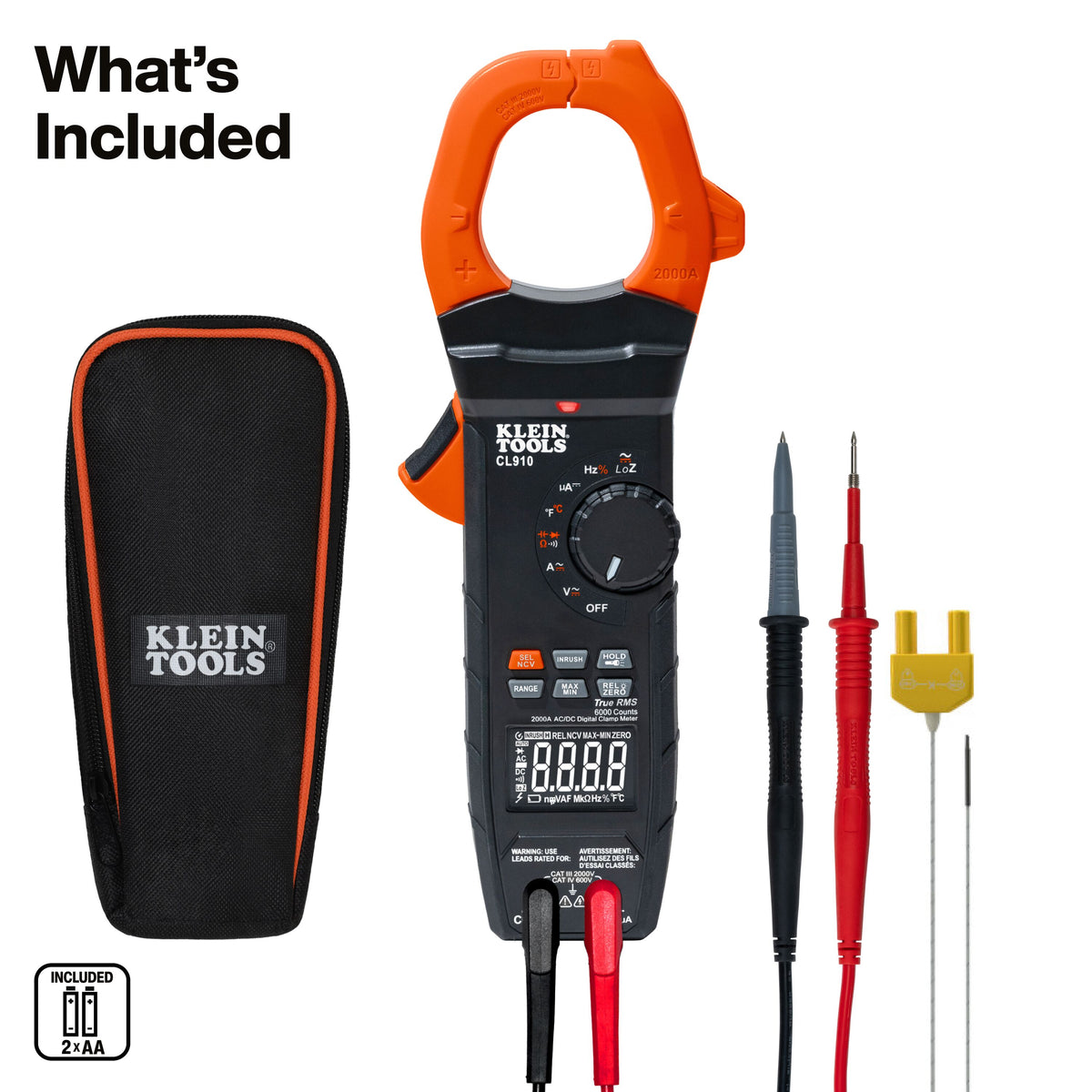 Klein Tools CL910 clamp meter measuring up to 2000V AC/DC on high-voltage electrical systems