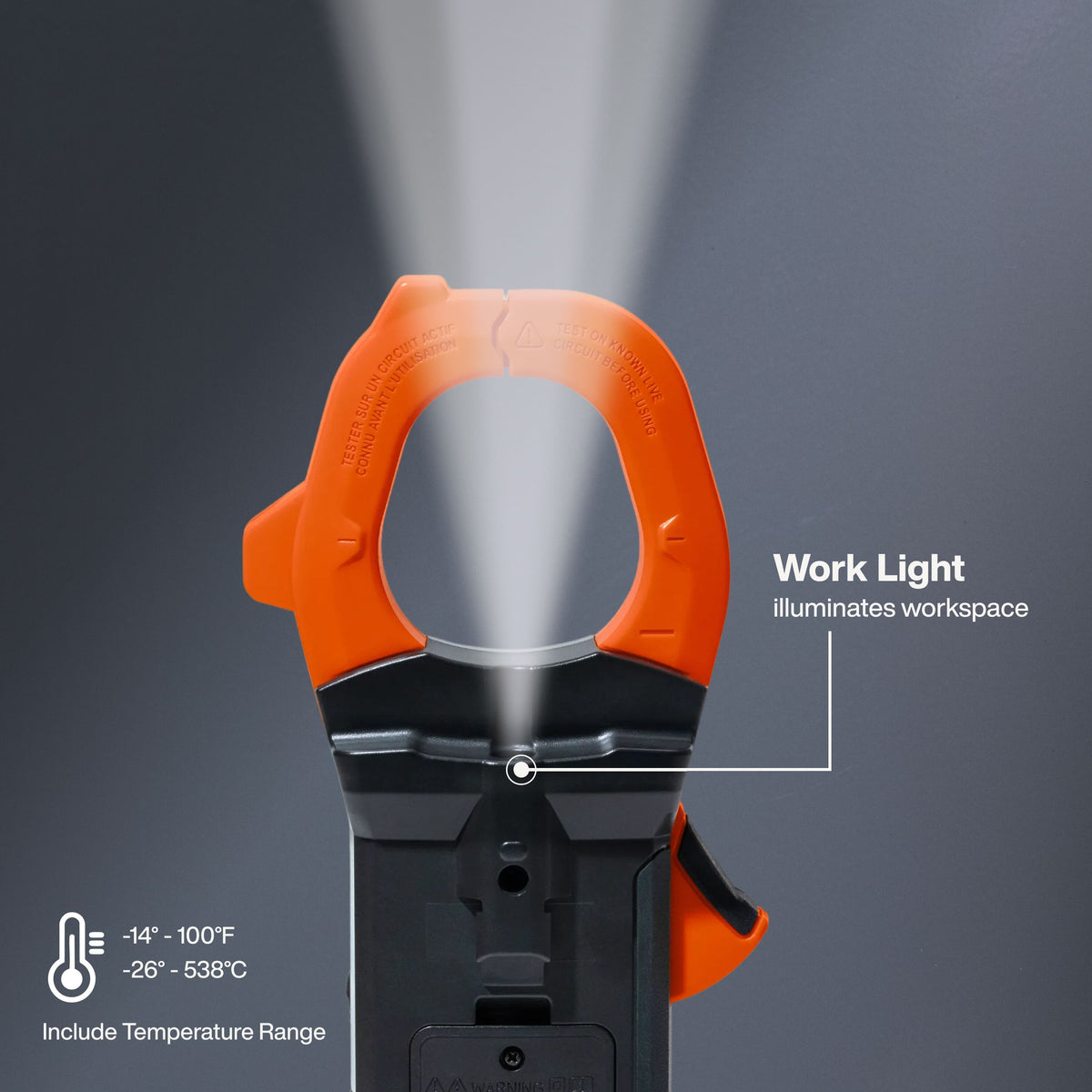 Klein Tools CL910 clamp meter test lead holder on the clamp for hands-free high-voltage testing