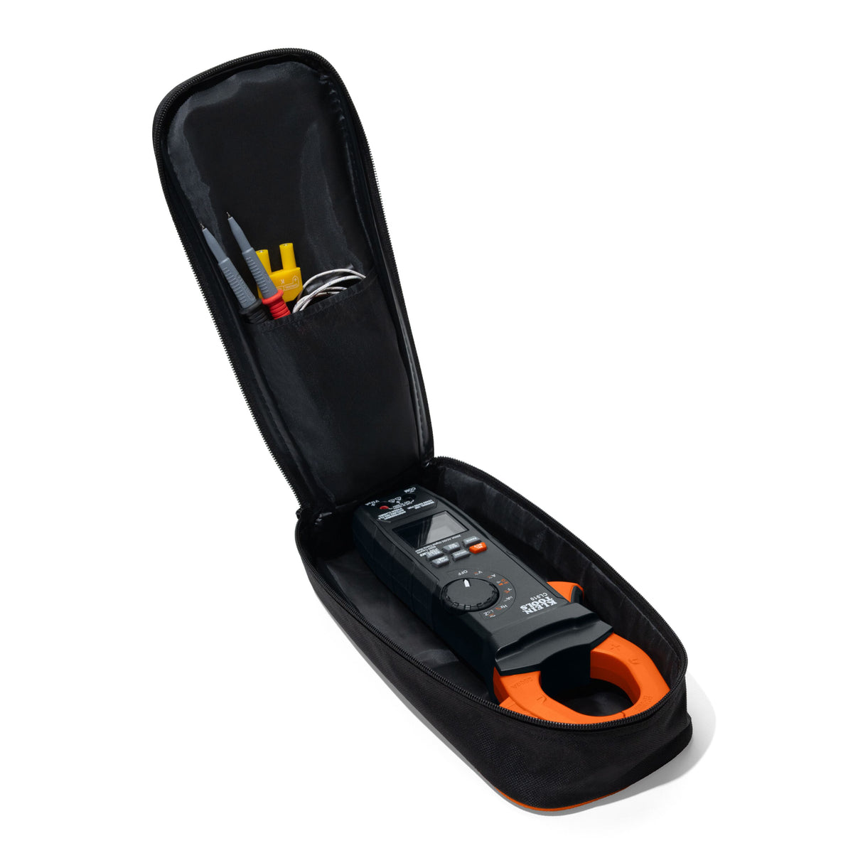Klein Tools CL910CASE large meter carrying case open holding a Klein CL910 clamp meter