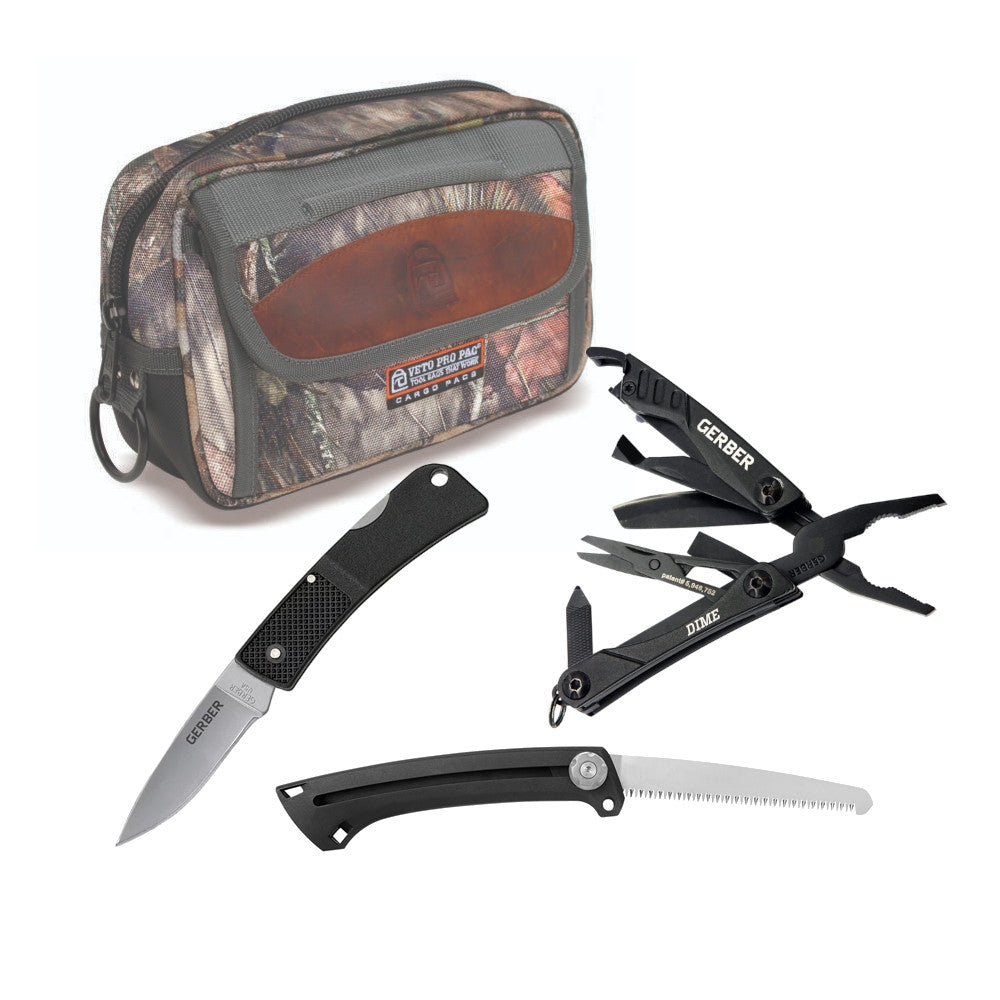 Veto Pro Pac CP4 Camo Mossy Oak Grubber Cargo Pac Tool Bag with Gerber 3-Piece Multi-Tool Set