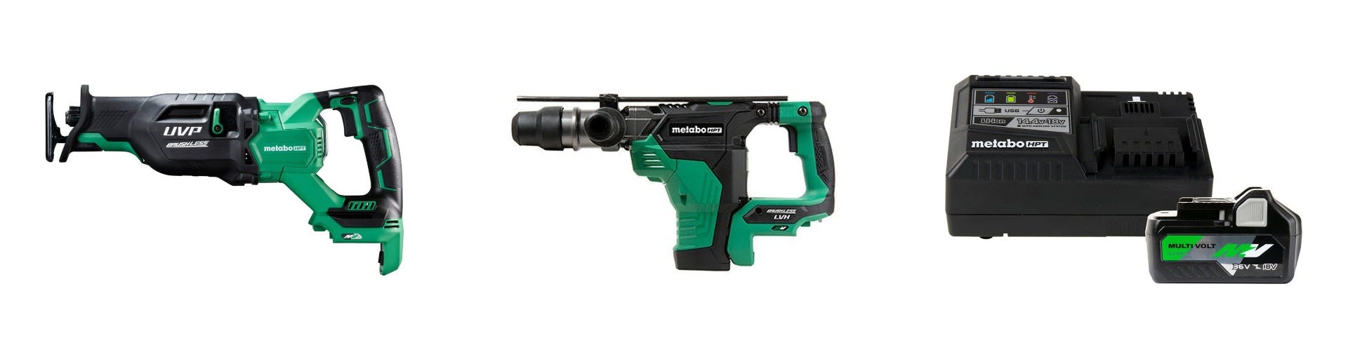 Metabo HPT 36V Brushless Reciprocating saw, 1-9/16 Inch SDS Max Rotary Hammer and MultiVolt Lithium Ion Slide Battery and Charger Starter Kit