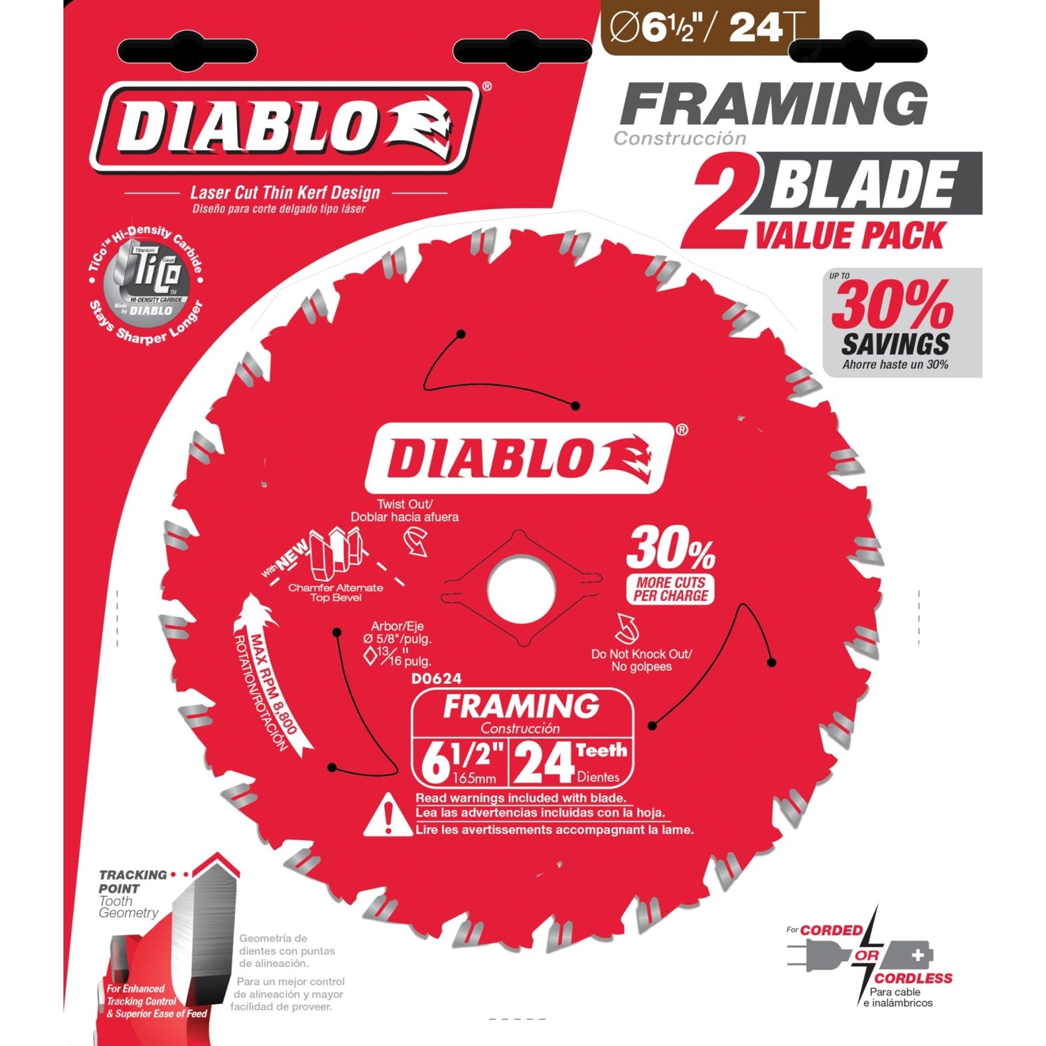 Diablo D0624VPX 6-1/2-in. x 24-Tooth Framing Saw Blade Value-Pack, 2-Pack