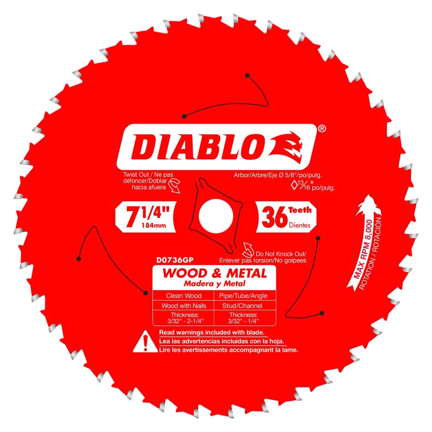 Diablo D0736GPX 7-1/4 in. x 36 Tooth Wood & Metal Carbide Saw Blade
