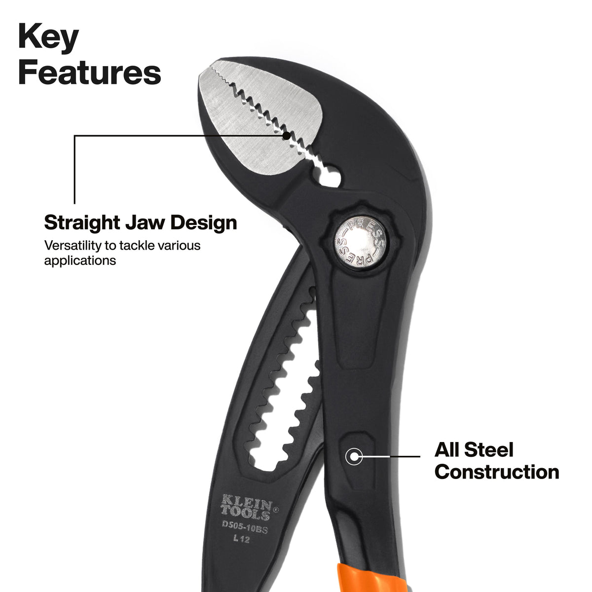 Klein Tools D50510BS pump pliers straight jaws with directional teeth gripping a pipe