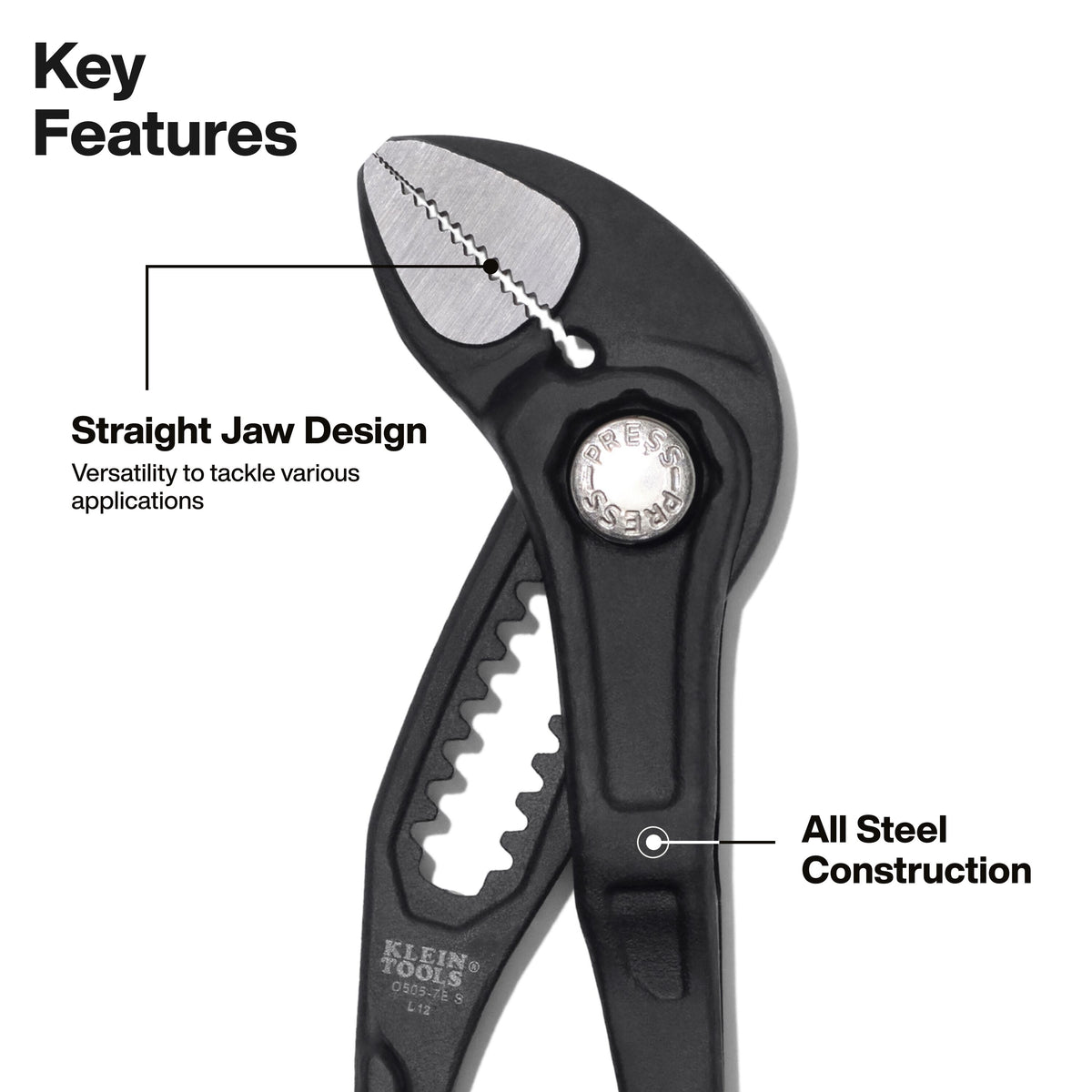 Klein Tools D5057BS 7-inch pump pliers straight jaws and directional teeth