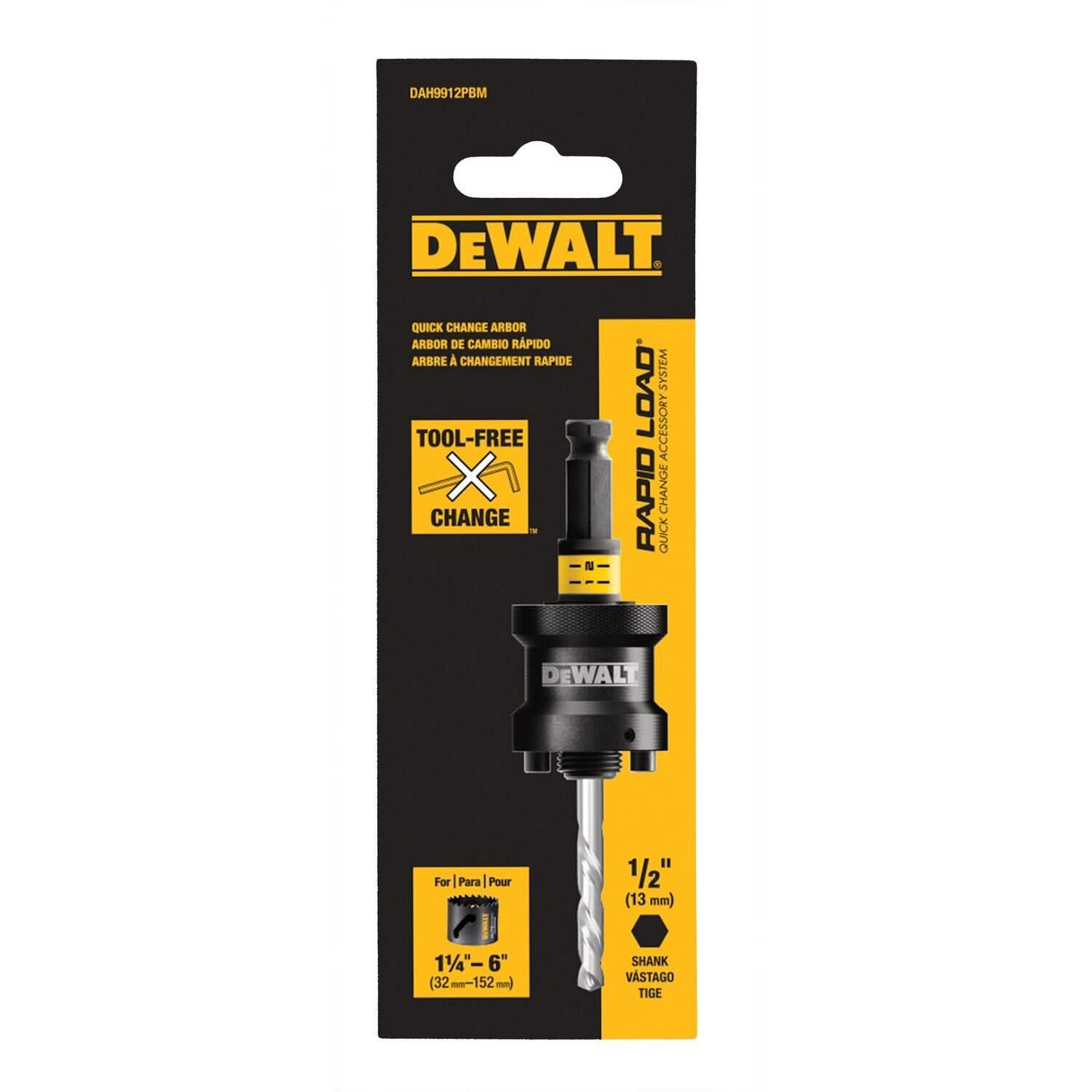 DeWalt DAH9912PBM 1-1/4 in. - 6 in. RAPID LOAD Quick Change Hole Saw Arbor, 1/2 in. Shank