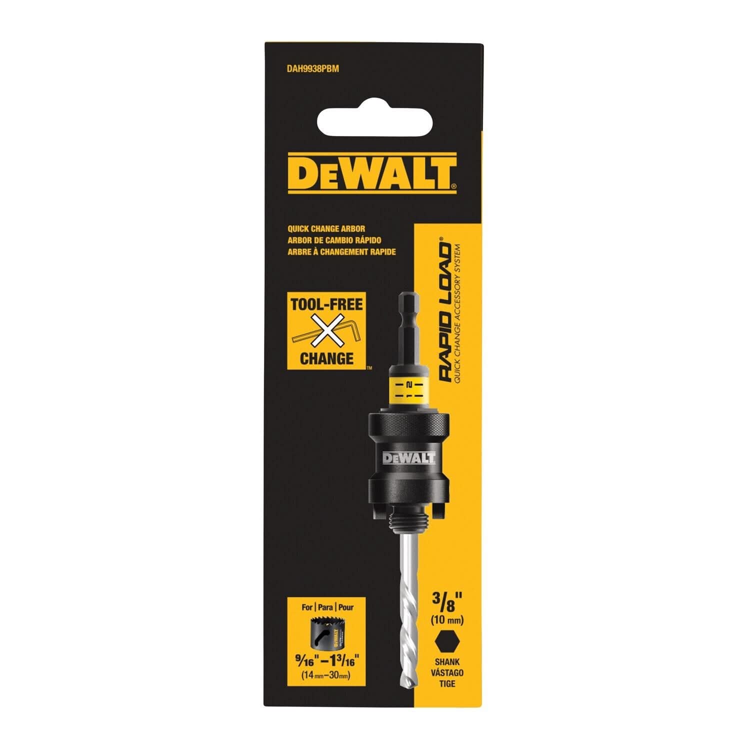 DeWalt DAH9938PBM 9/16 in. - 1-3/16 in. RAPID LOAD Quick Change Hole Saw Arbor, 3/8 in. Shank