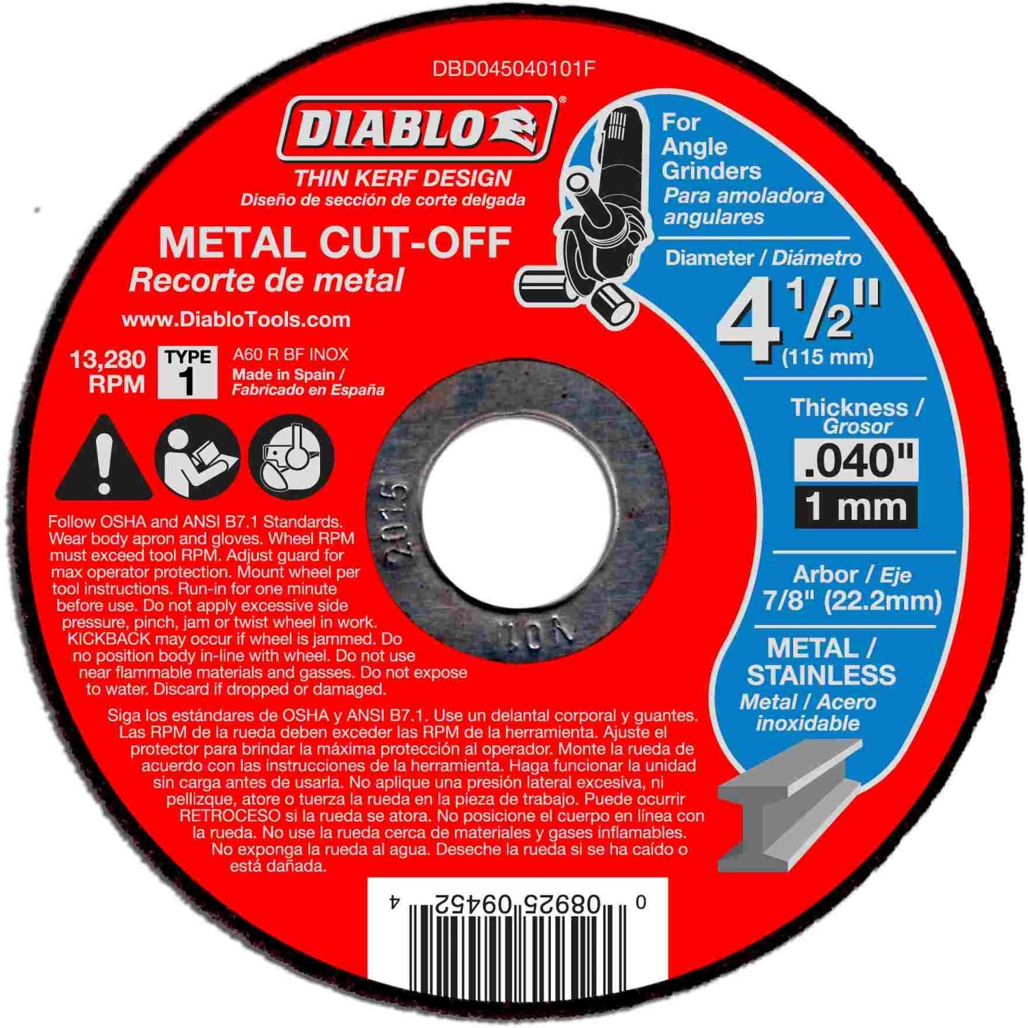 Diablo DBD045040115F 4-1/2 Inch Metal Cut Off Disc - Thin Kerf , 15-Pack