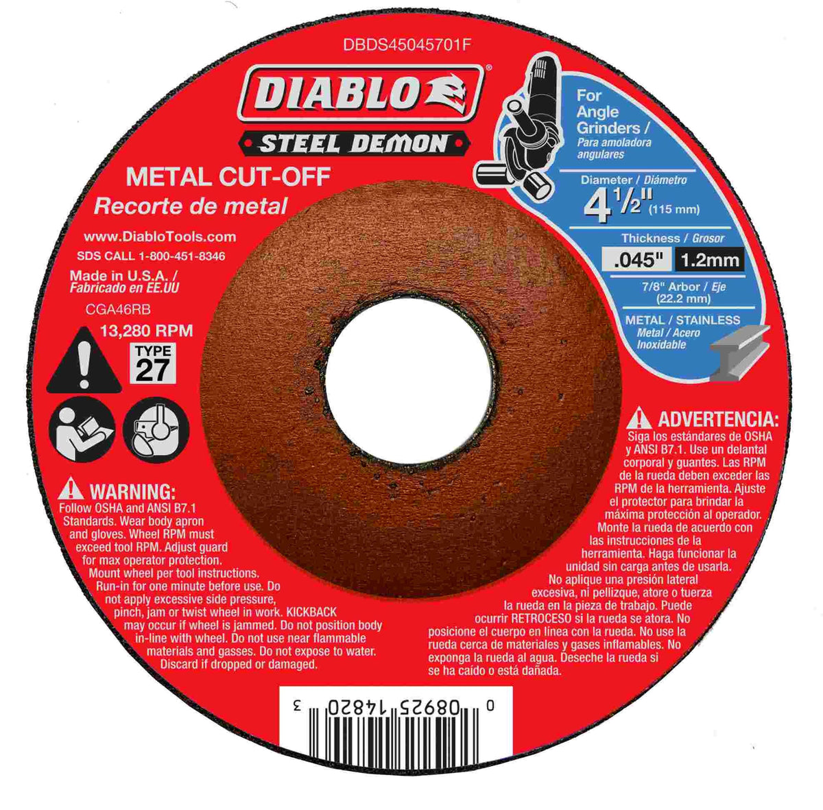 Diablo DBDS45045701F Steel Demon 4-1/2 Inch Type 27 Metal Cut-Off Disc