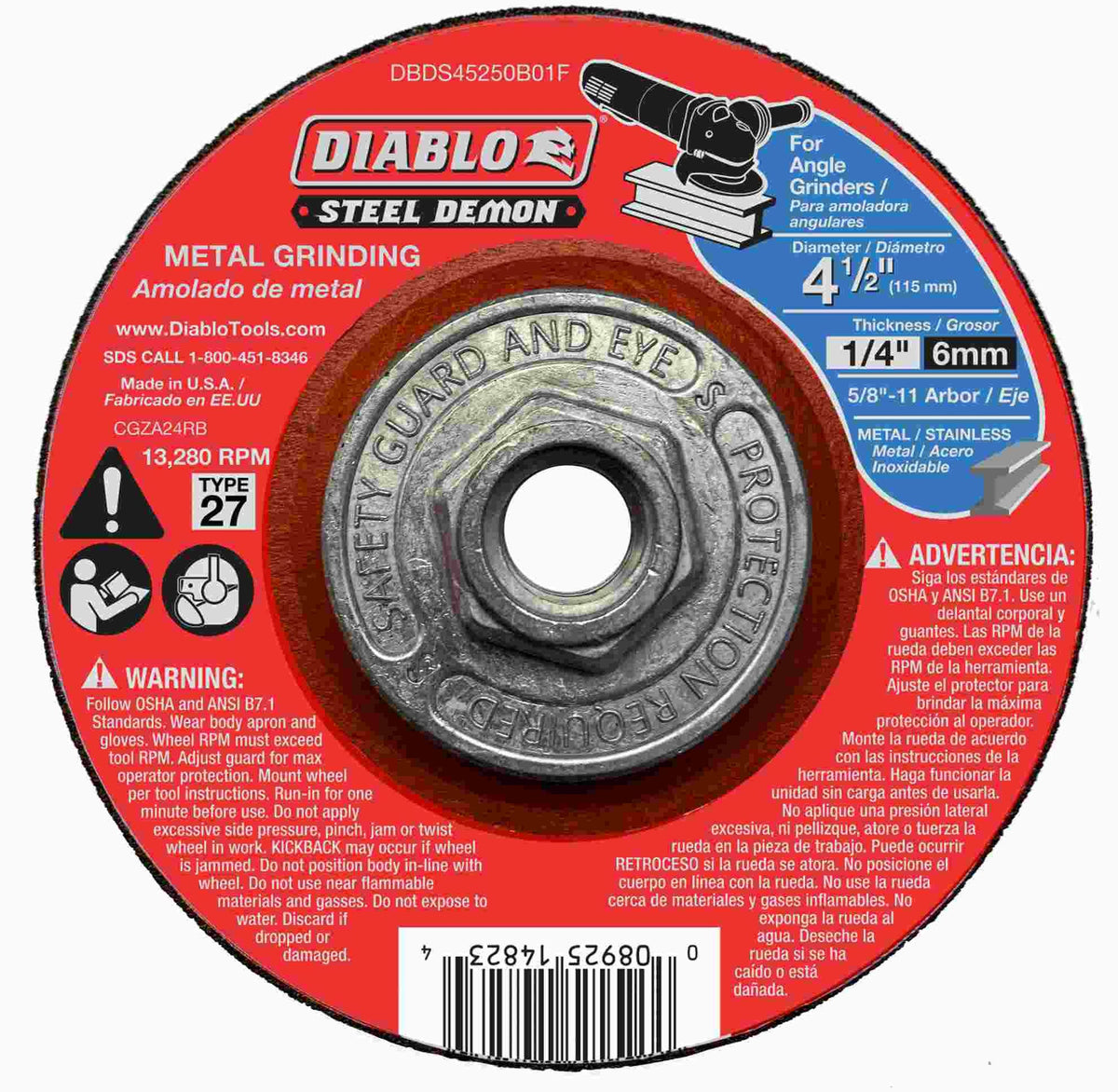 Diablo DBDS45250B01F Steel Demon 4-1/2 Inch Type 27 HUB Metal Grinding Disc