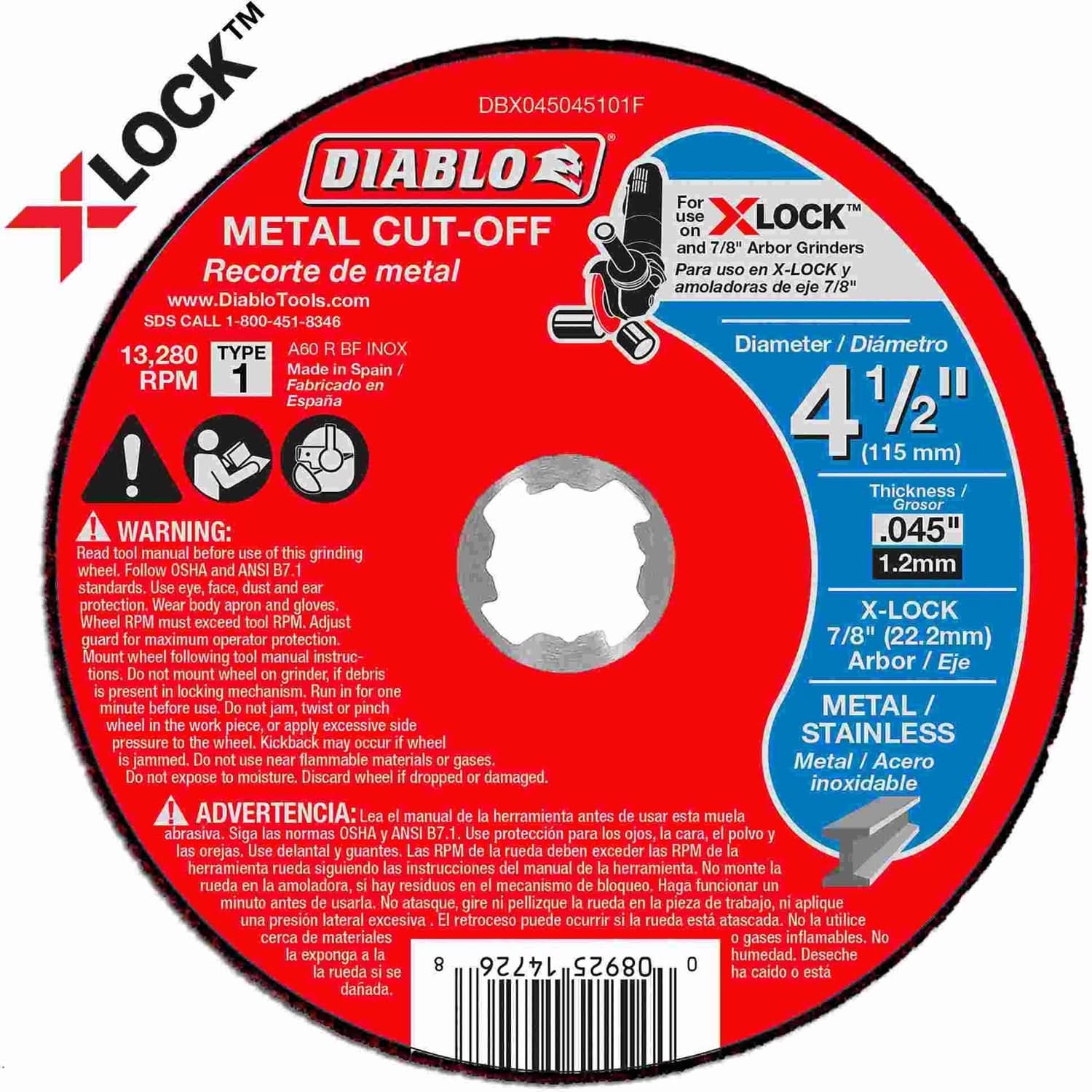 Diablo DBX045045101F 4-1/2 in.Thin Kerf Metal Cut-Off Disc for X-Lock and All Grinders (25-Pack)