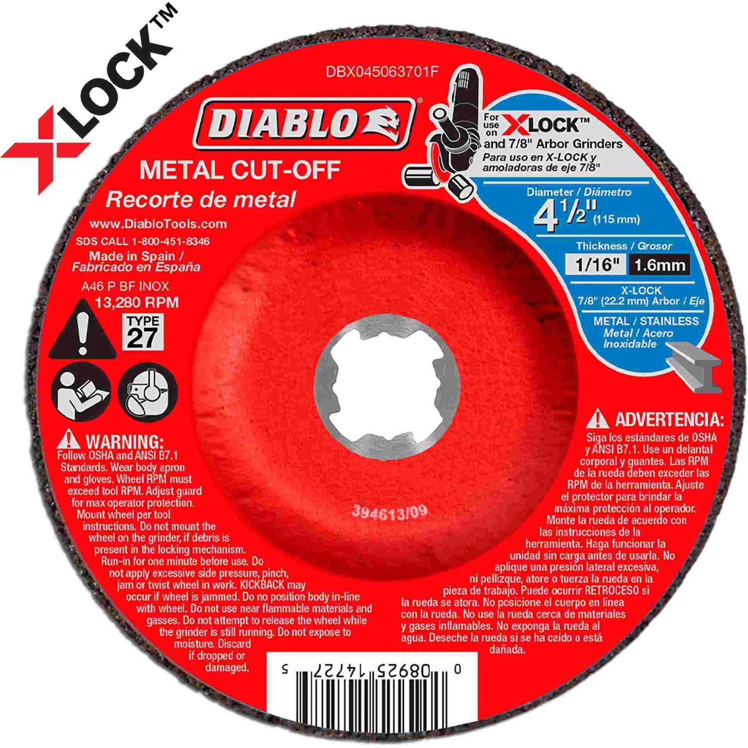 Diablo DBX045063701F 4-1/2 Inch Type 27 Metal Cut-Off Disc for X-Lock and All Grinders