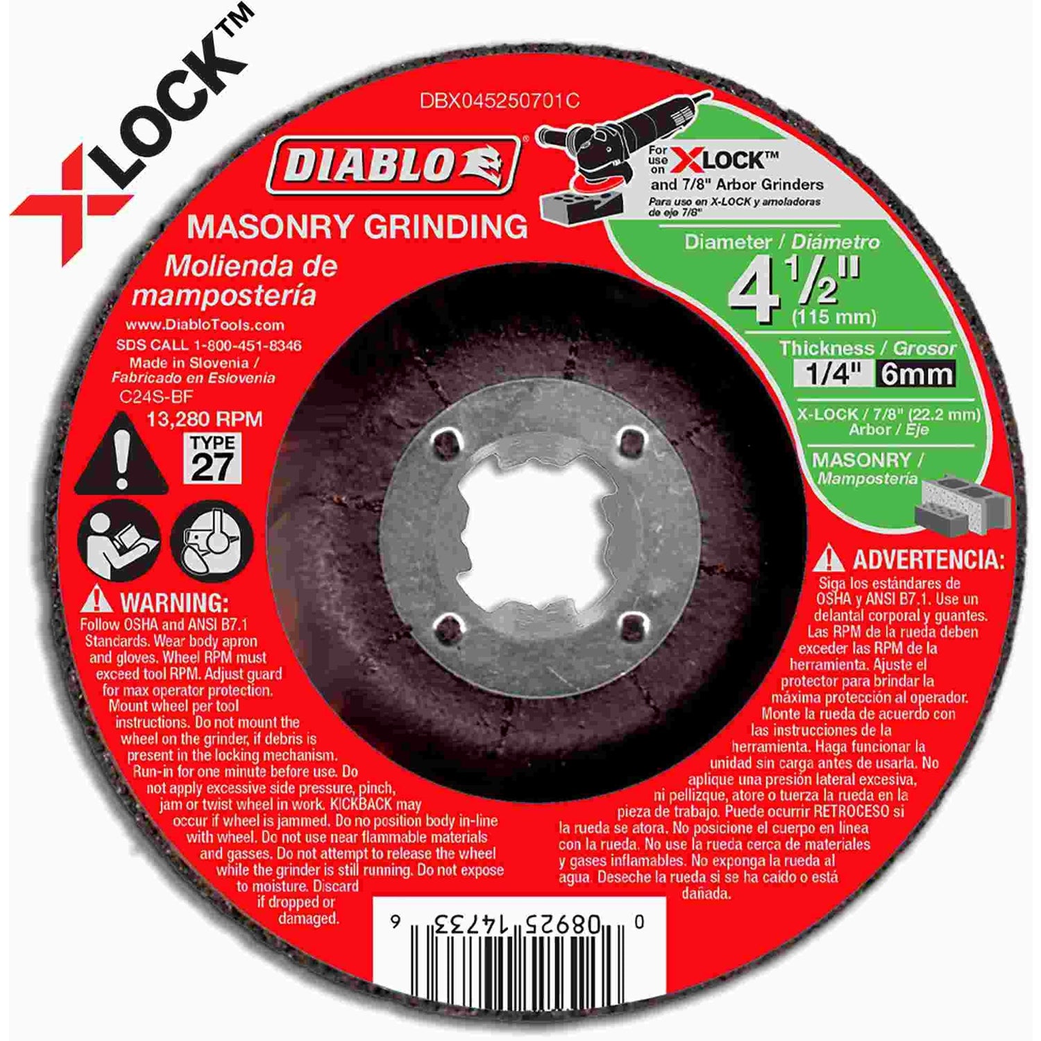 Diablo DBX045250701C 4-1/2 Inch Type 27 Masonry Grinding Disc for X-Lock and All Grinders