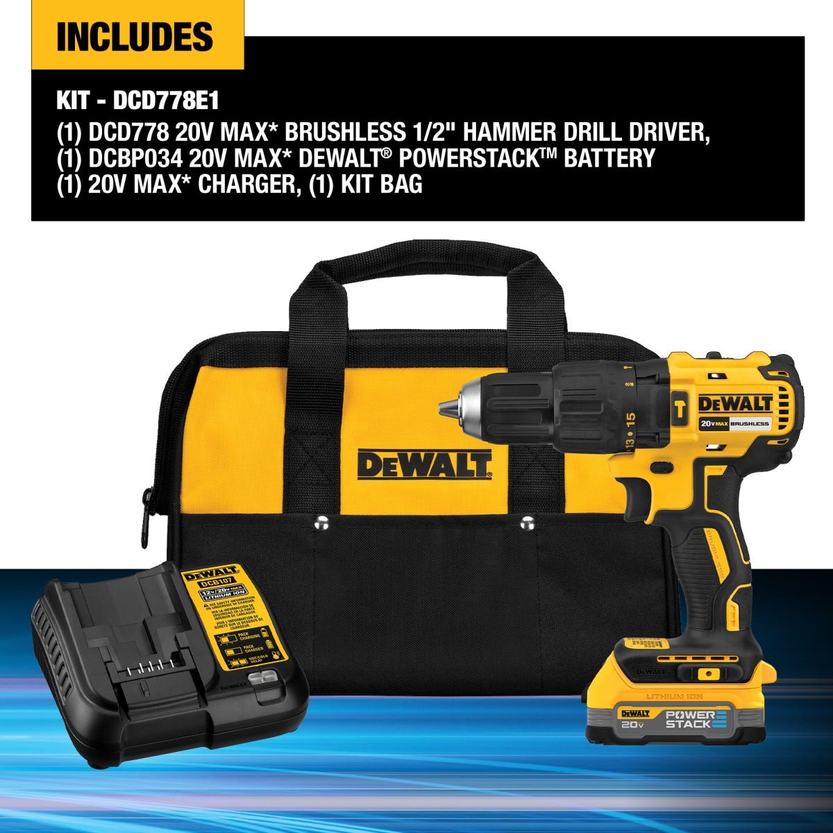 DEWALT DCD778E1 20V MAX* Brushless 1/2 in. Hammer Drill/Driver PowerStack Kit