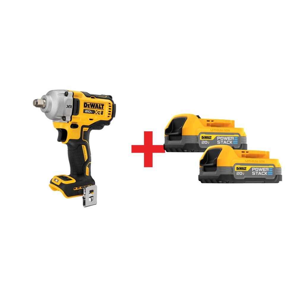 DeWalt 20V MAX XR 1/2 in. Mid-Range Impact Wrench w/ Hog Ring Anvil plus 20V MAX POWERSTACK 1.7Ah Compact Battery 2-Pack