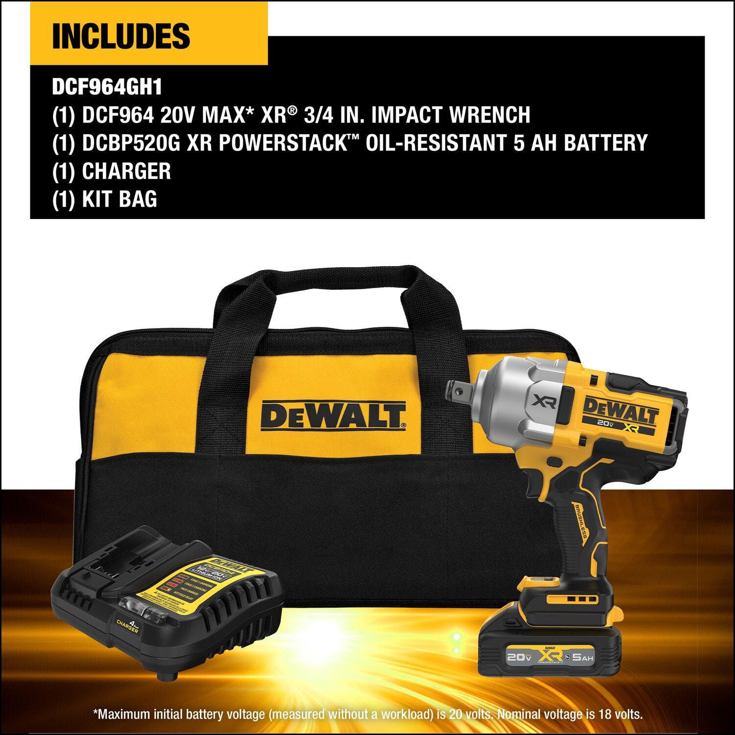 DeWalt DCF964GH1 20V MAX* XR Brushless 3/4 in. High Torque Impact Wrench w/ Hog Ring Anvil POWERSTACK 5.0Ah Kit