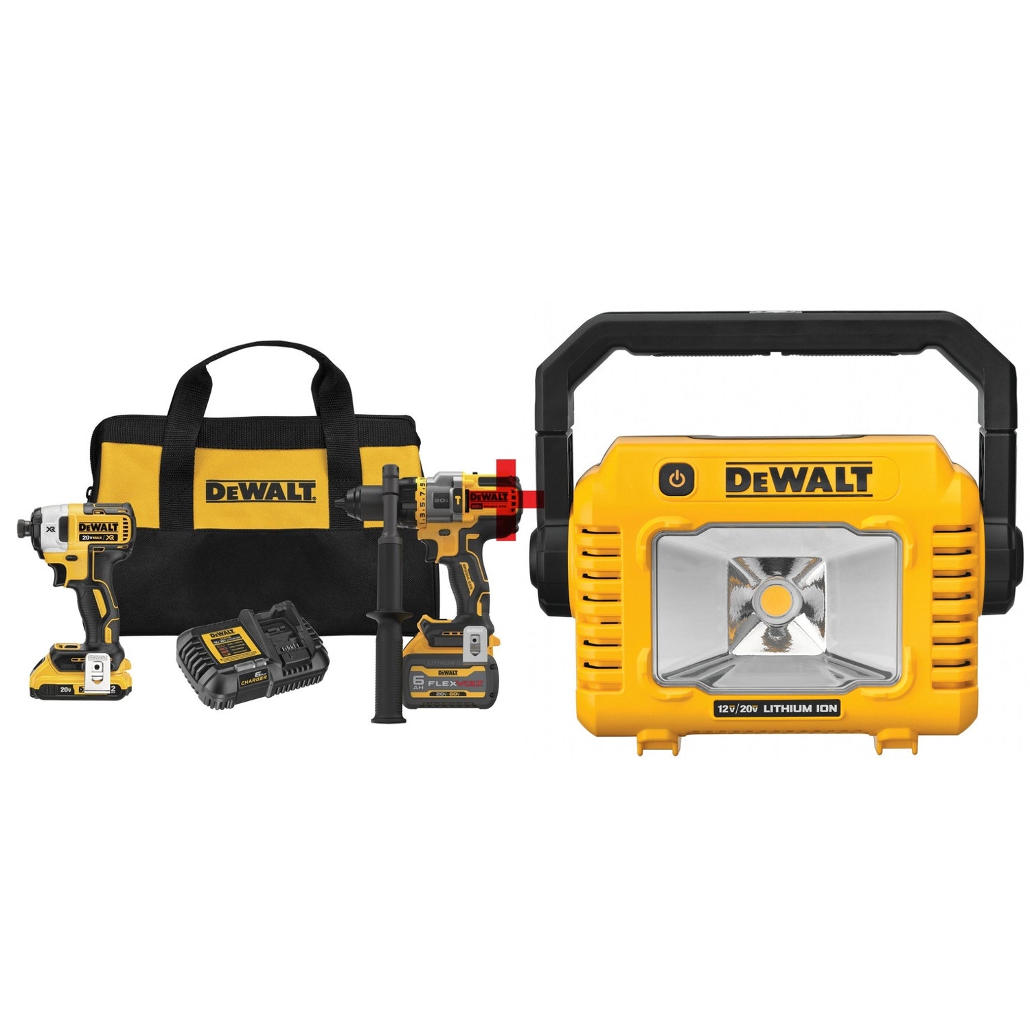 DeWalt 20V MAX Brushless Hammer Drill & Impact Driver FLEXVOLT 6.0Ah Combo Kit plus 12V/20V MAX Compact Task Light