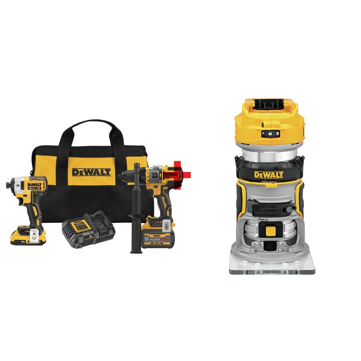 DeWalt 20V MAX Brushless Hammer Drill & Impact Driver FLEXVOLT 6.0Ah Combo Kit plus 20V MAX XR Brushless Compact Router