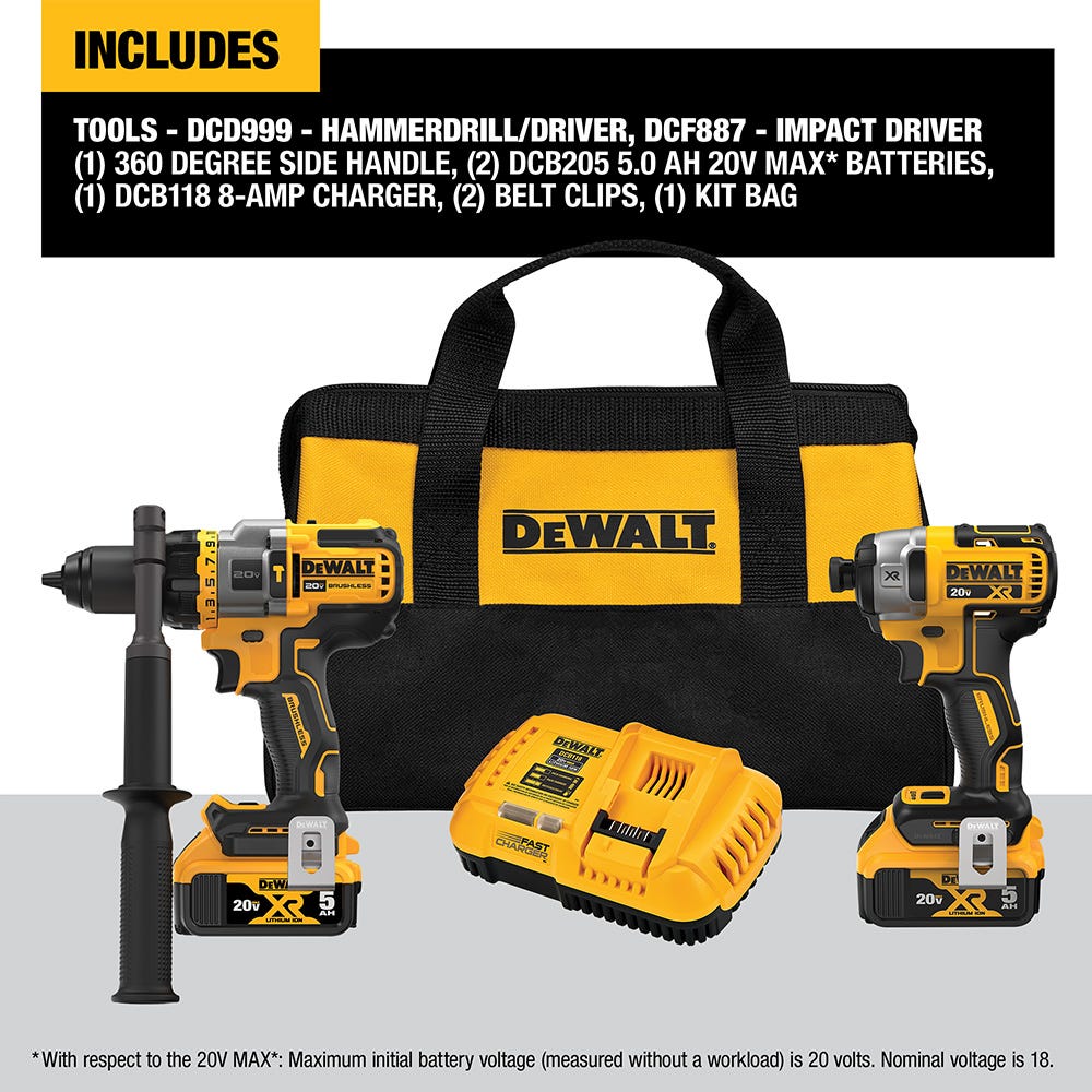 Dewalt DCK2100P2 20v Max Brushless Cordless 2-Tool Hammer Drill/Driver With Flexvolt Advantage 5.0Ah Kit