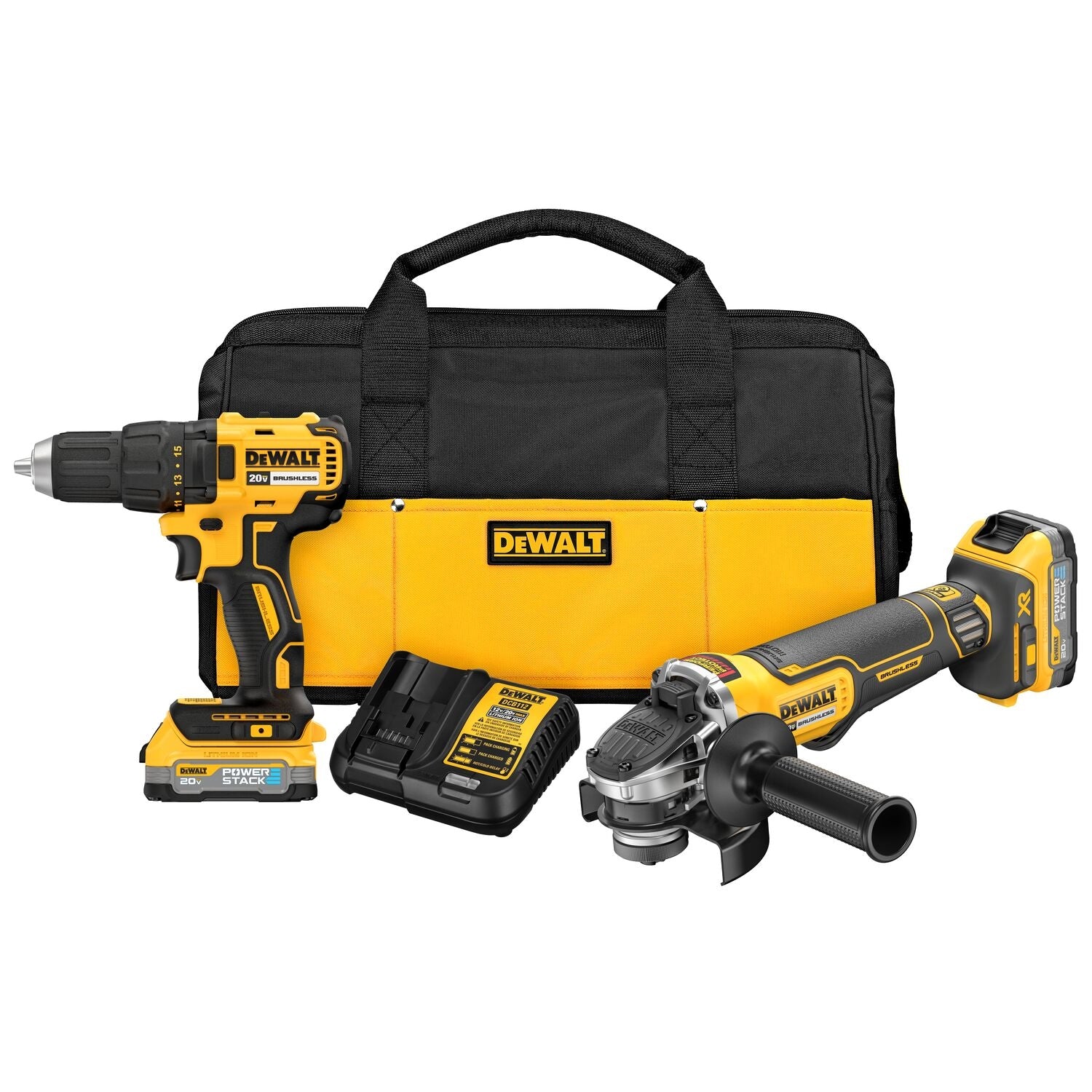 DeWalt DCK231E2 20V MAX Compact Drill Driver & Small Angle Grinder POWERSTACK 1.7Ah Kit