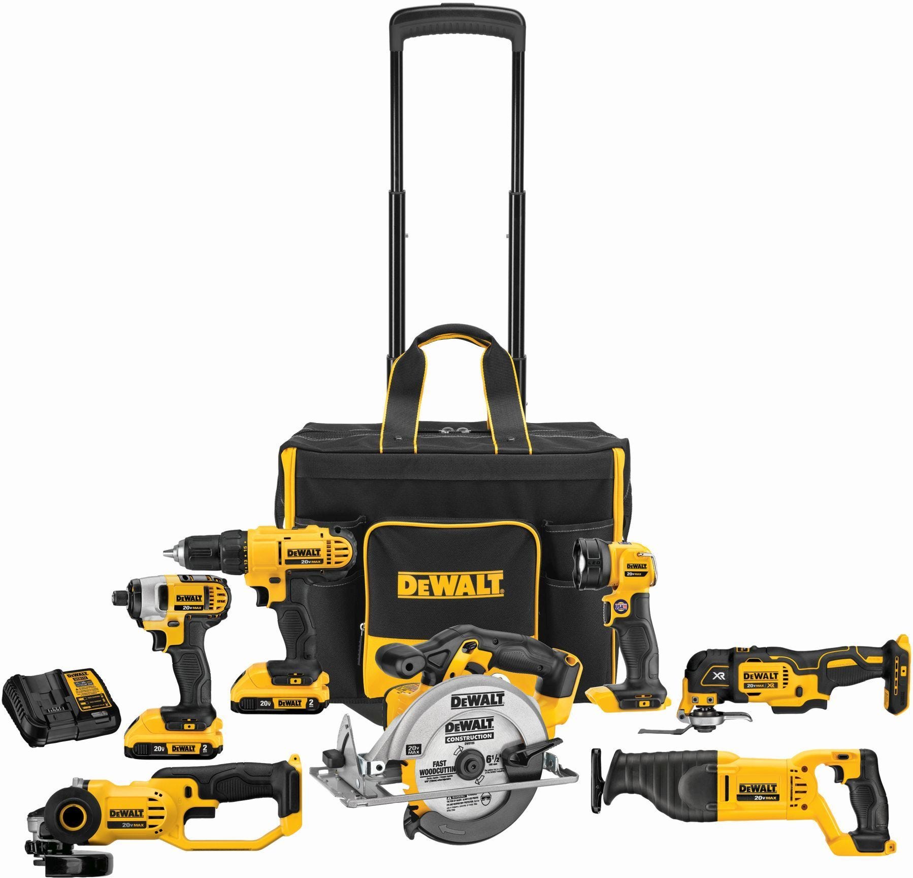 DEWALT DCKSS721D2 20V MAX Cordless 7-Tool Combo Kit With Large Rolling Contractor Bag