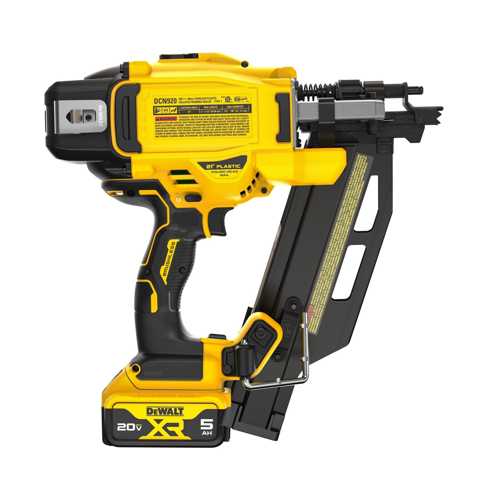 DeWalt DCN920P1 20V MAX* XR Brushless 21 Degree Plastic Collated Framing Nailer 5.0Ah Kit