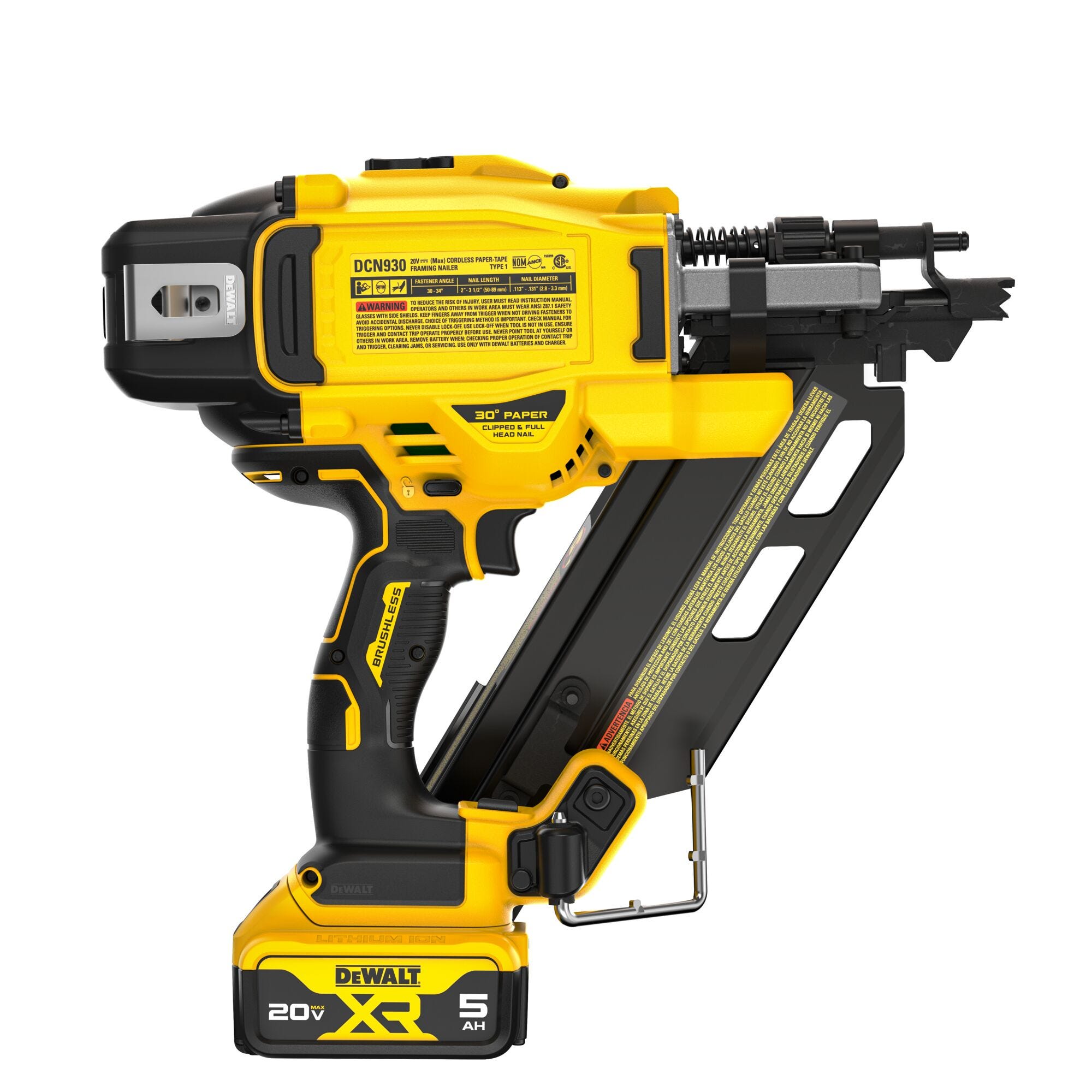 DeWalt DCN930P1 20V MAX* XR Brushless 30 Degree Paper Tape Framing Nailer 5.0Ah Kit