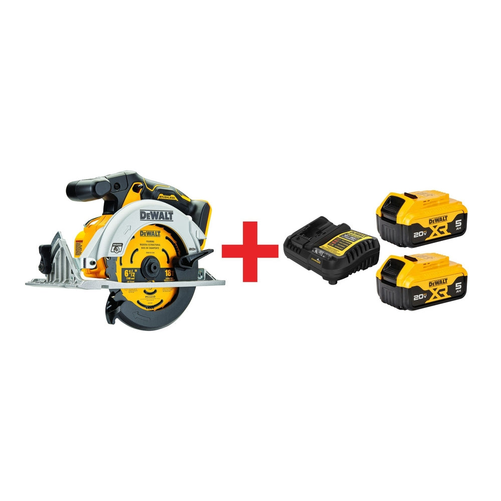 DeWalt 20V MAX 6-1/2" Brushless Circular Saw with DeWalt DCB205-2C 20V MAX XR 5.0Ah Battery & Charger Starter Kit