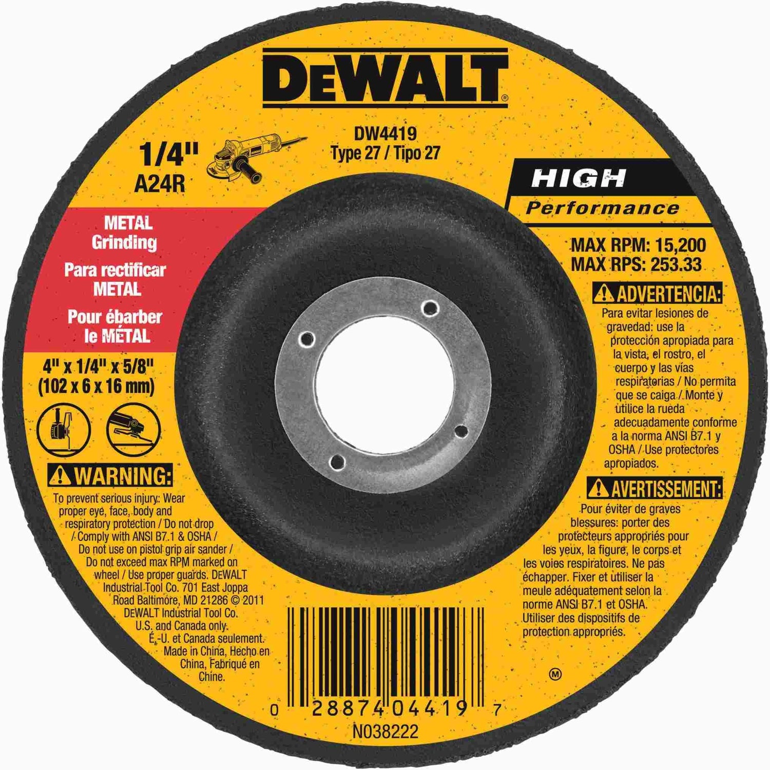 DeWalt DW4419 4" x 1/4" x 5/8" High Performance Metal Grinding Wheel
