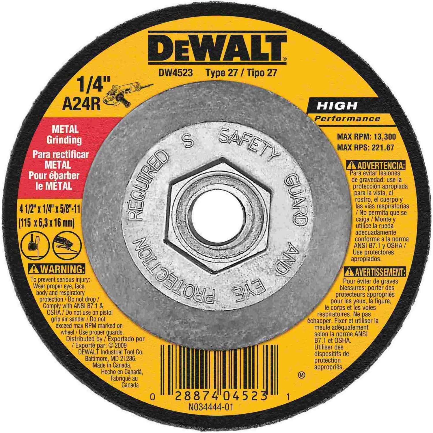 DeWalt DW4523 4-1/2" X 1/4" X 5/8"-11 High Performance Metal Grinding Wheel