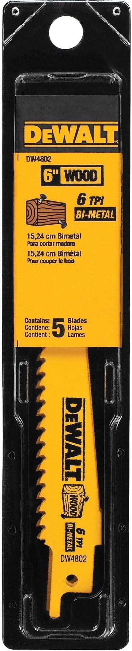 DeWalt DW4802 6" 6 TPI Taper Back Bi-Metal Reciprocating Blade for General Purpose Wood Cutting (5 Pack)