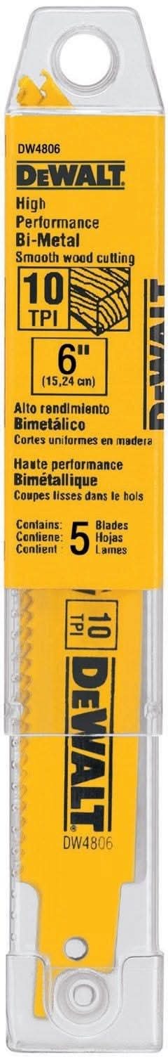 DeWalt DW4806 6" 10 TPI Straight Back Bi-Metal Reciprocating Saw Blade, General Purpose (5 Pack)