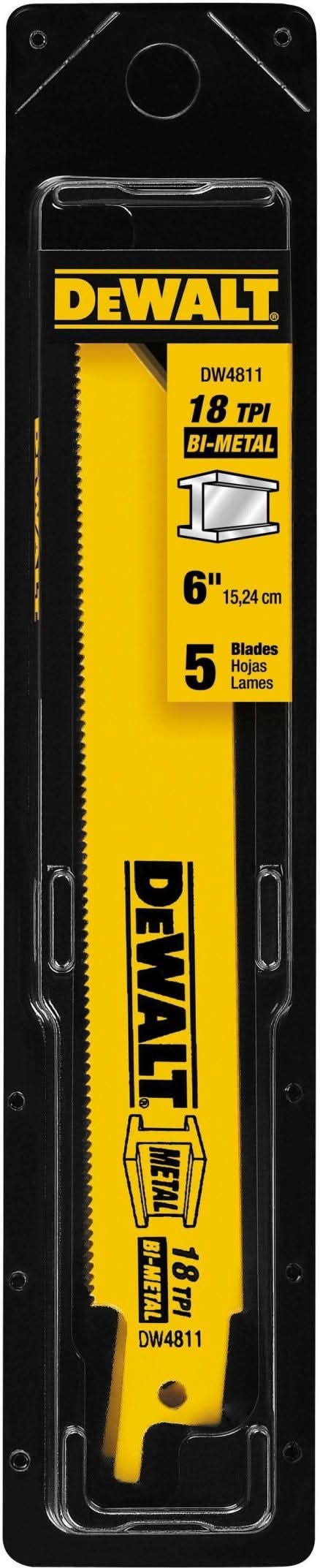 DeWalt DW4811 6" 18 TPI Straight Back Bi-Metal Reciprocating Blade (5 Pack)