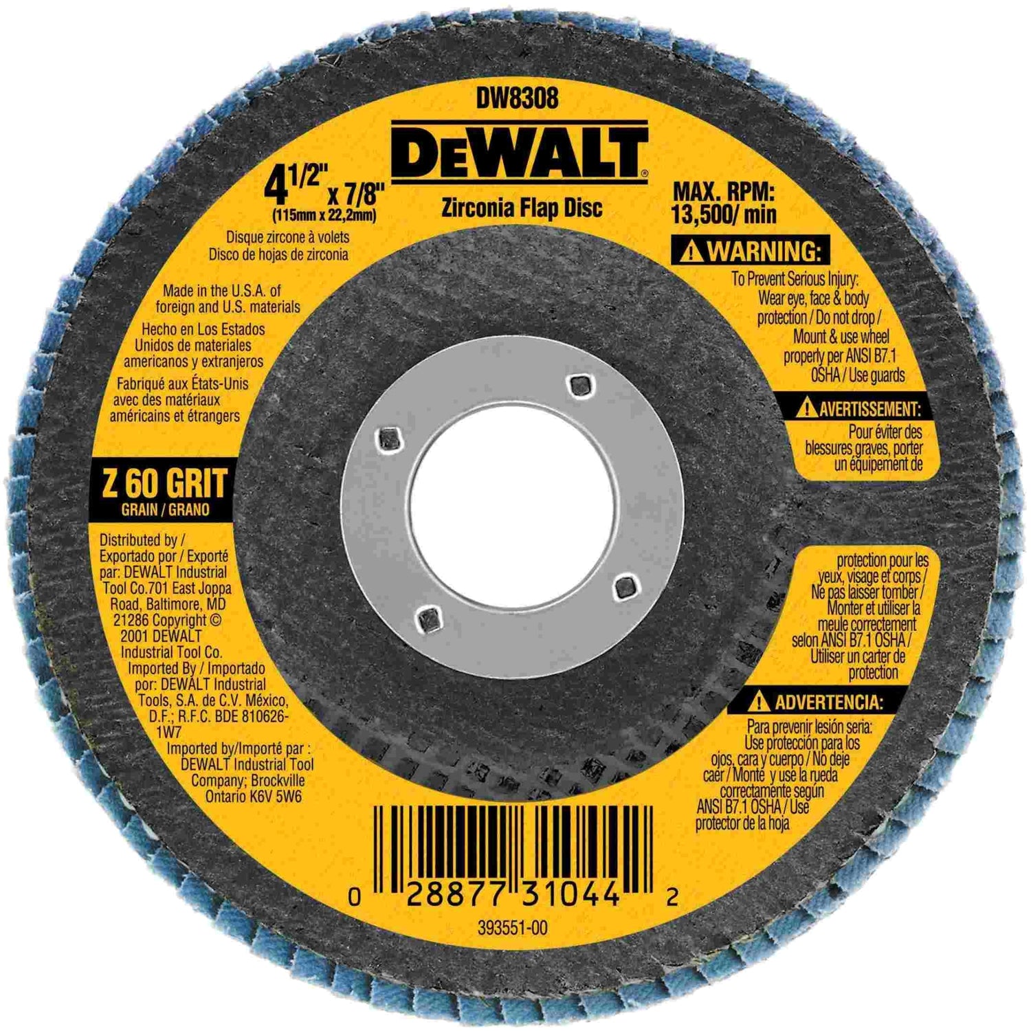 DeWalt DW8308 4-1/2" x 7/8" 60g Type 29 HP Flap Disc